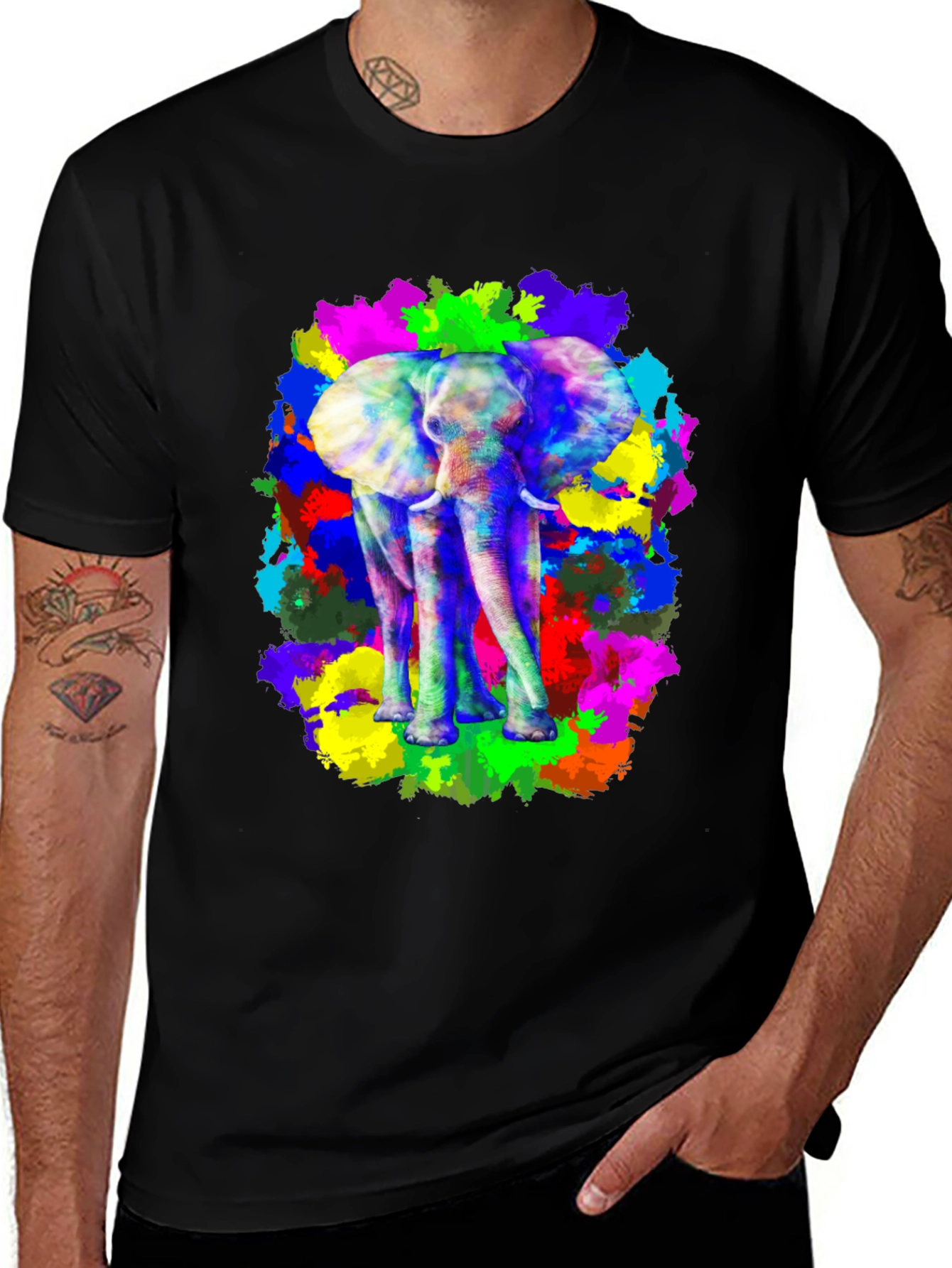 Variant 16 of Colorful Elephant Graphic Print Black T-Shirt