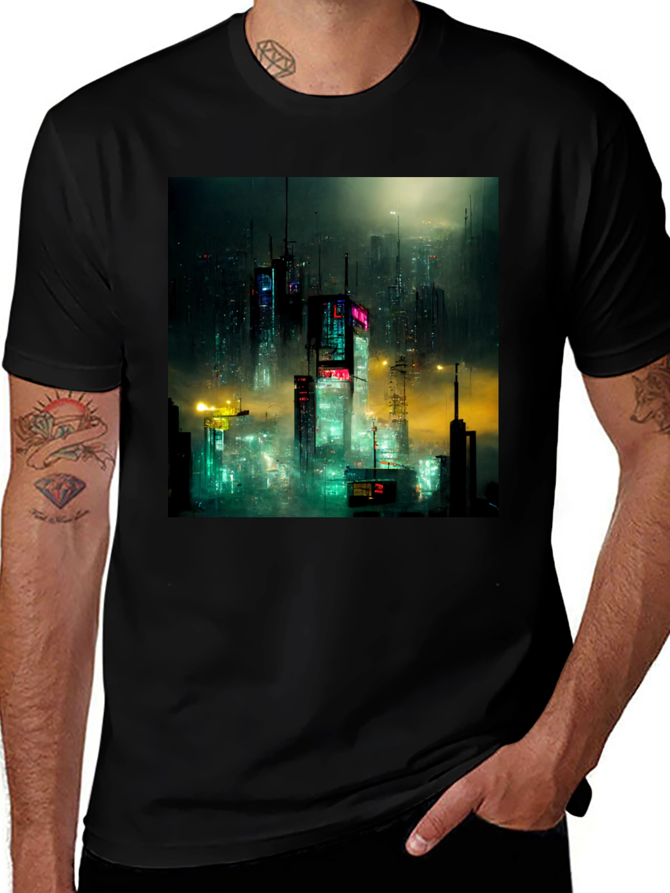Variant 13 of Cyberpunk Cityscape Graphic Tee - Urban Style