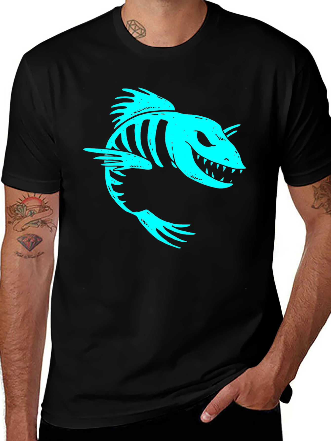 Variant 7 of Cool Skeleton Fish Graphic Print Black T-Shirt
