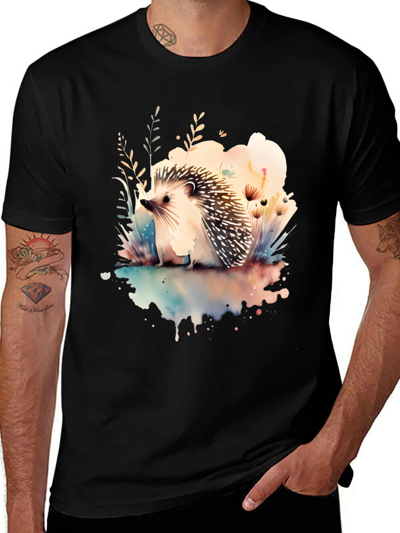 Variant 8 of Watercolor Hedgehog Graphic Tee - Black