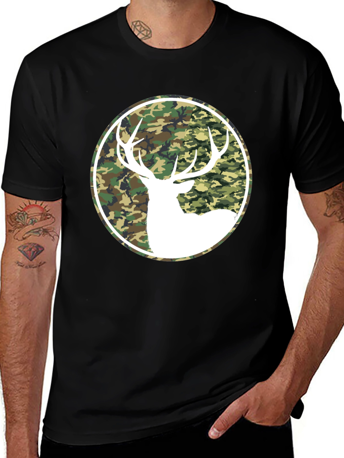 Variant 25 of Camo Deer Graphic Tee - Black Cotton T-Shirt