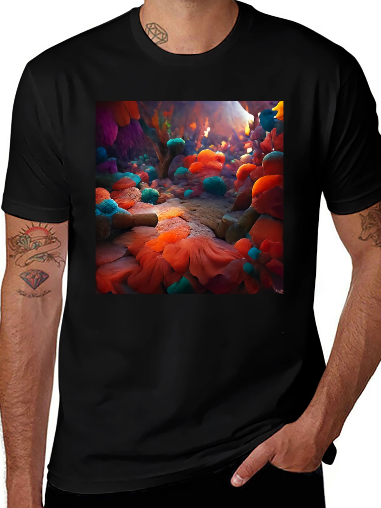 Vibrant Dreamscape Print Black T-Shirt