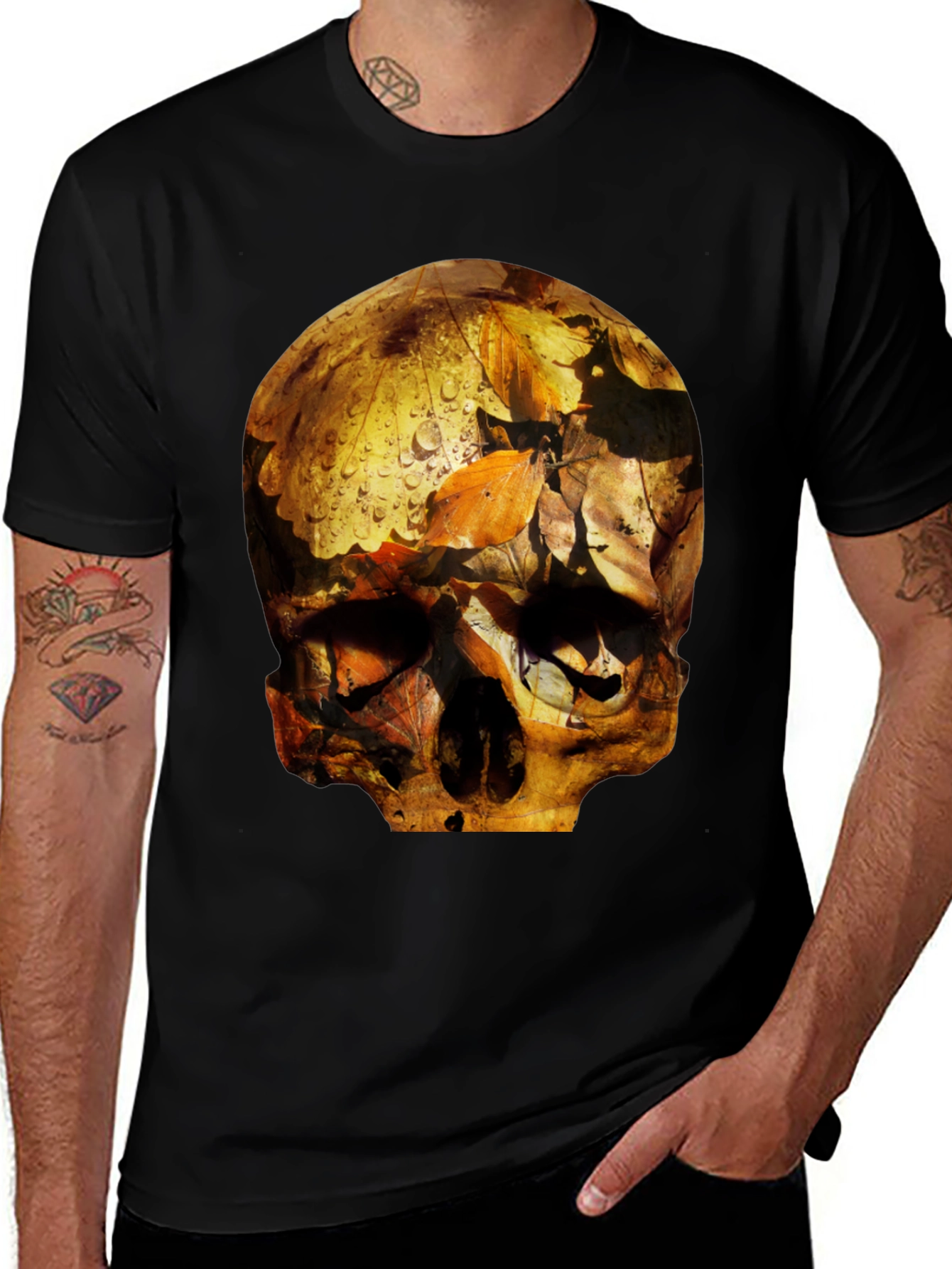 Variant 13 of Skull Graphic Tee - Fallen Leaves Design