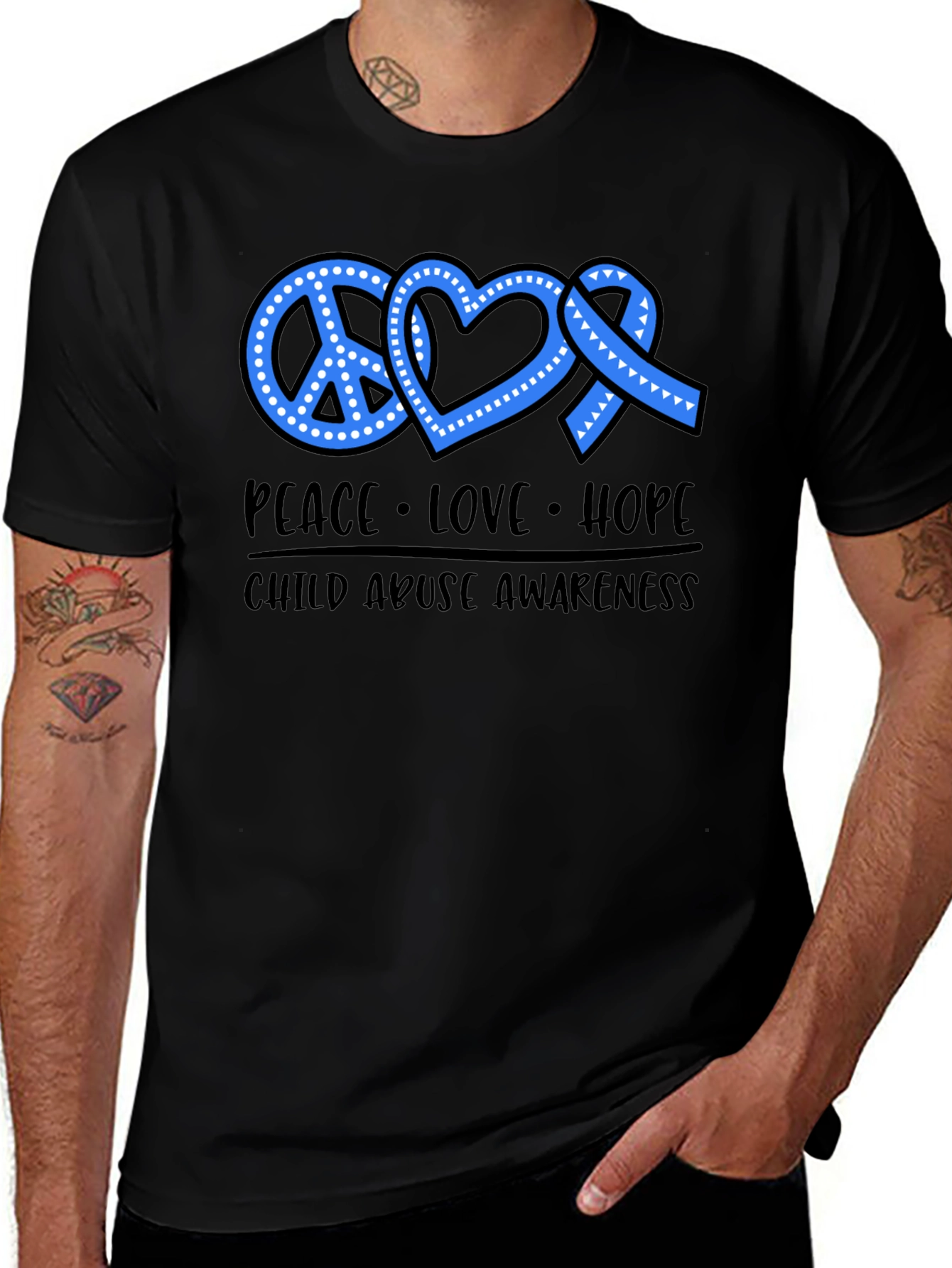 Child Abuse Awareness T-Shirt Peace Love Hope Blue Ribbon