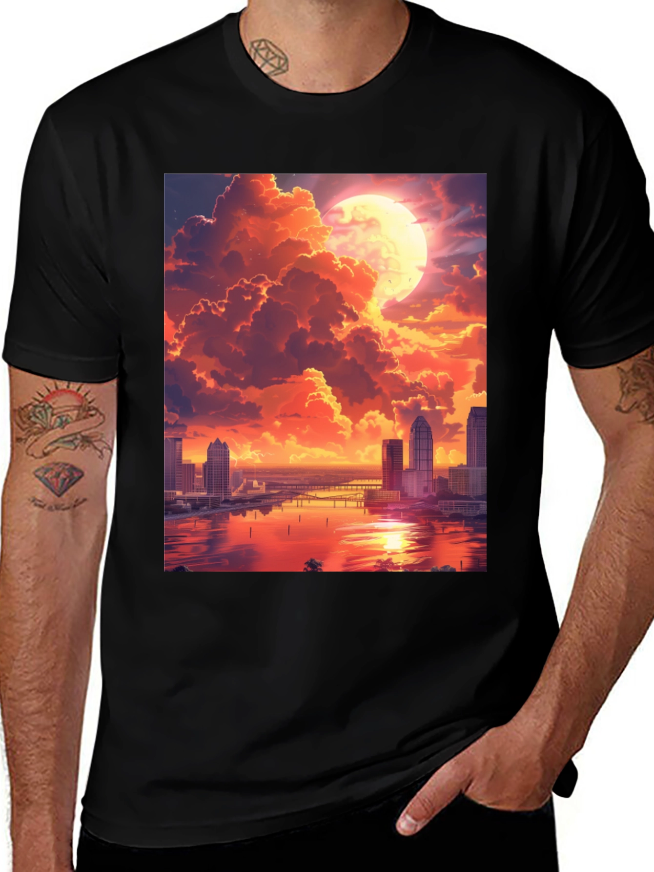 Variant 10 of Sunset Cityscape Graphic Tee - Black