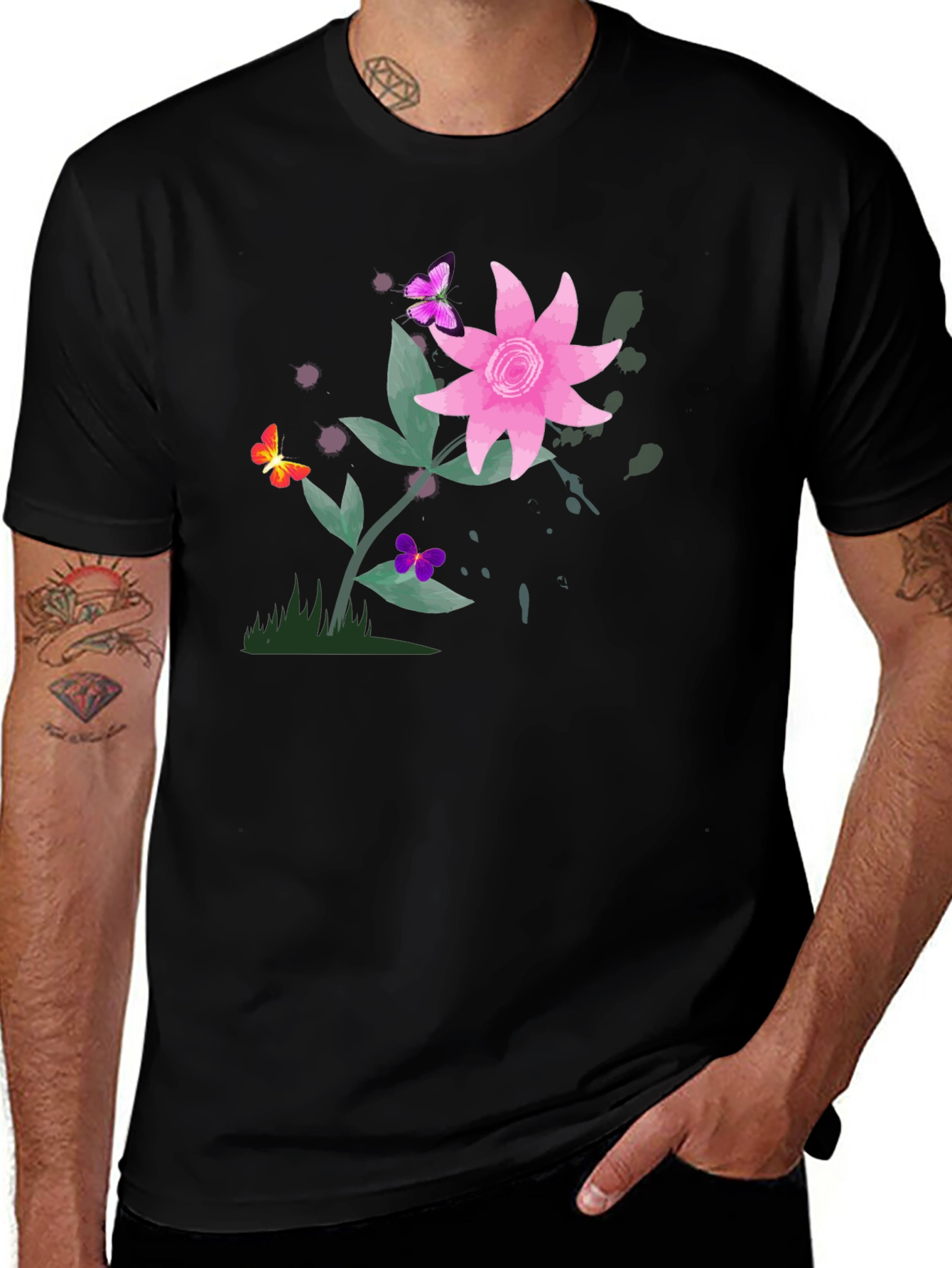 Variant 5 of Floral Butterfly Graphic Black T-Shirt