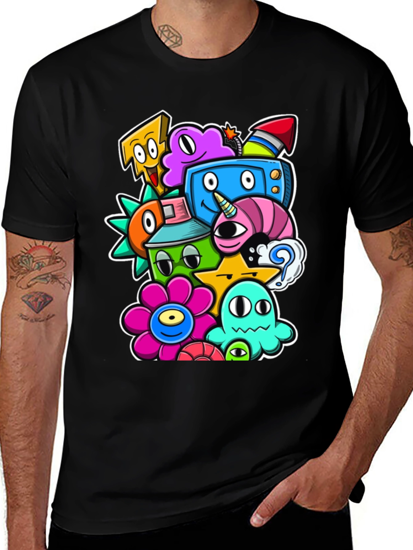 Variant 12 of Cartoon Doodle Black T-Shirt - Funky Graphic Tee