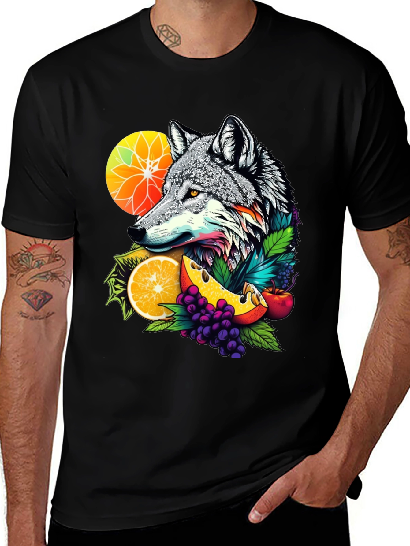 Variant 16 of Wolf & Fruit Graphic Tee - Trendy Animal Design