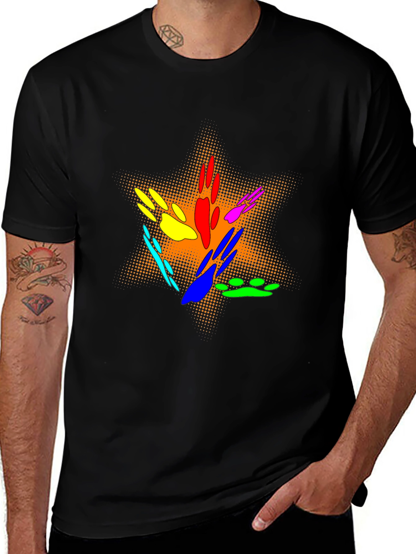 Variant 19 of Colorful Paw Print Star Graphic Black T-Shirt