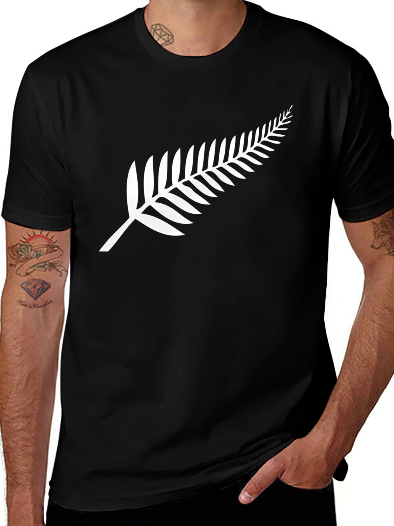 Variant 17 of Black T-Shirt with White Fern Leaf Design