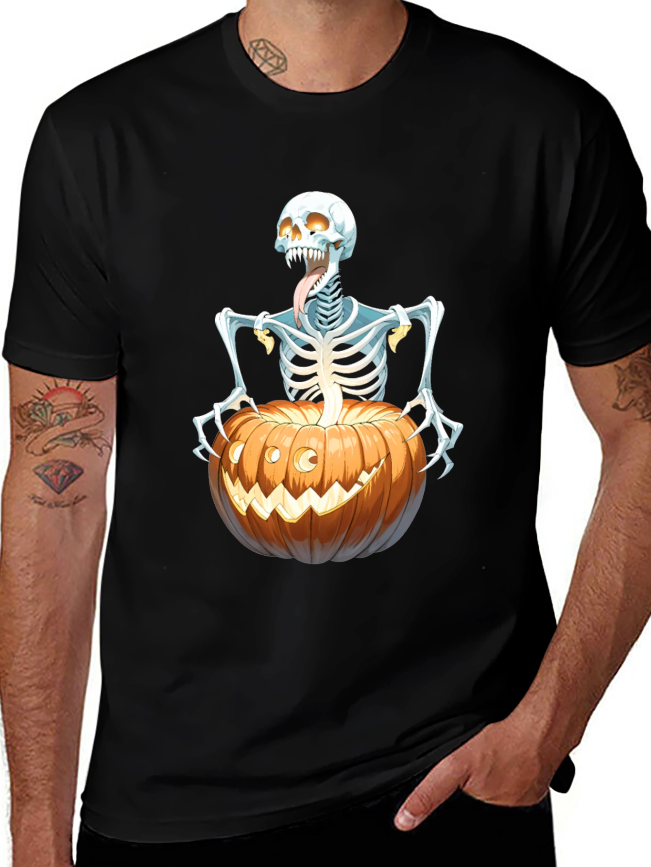 Spooky Skeleton Pumpkin Graphic Tee - Halloween Shirt