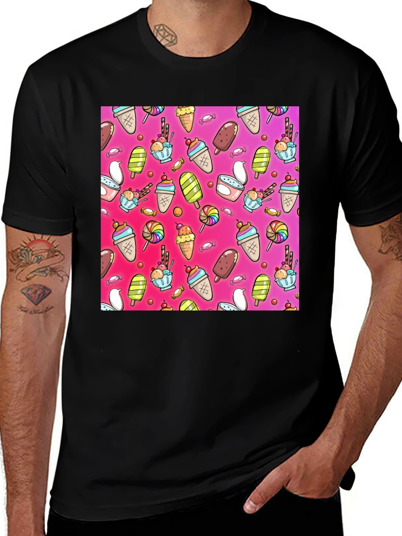 Variant 9 of Fun Ice Cream Pattern Black T-Shirt