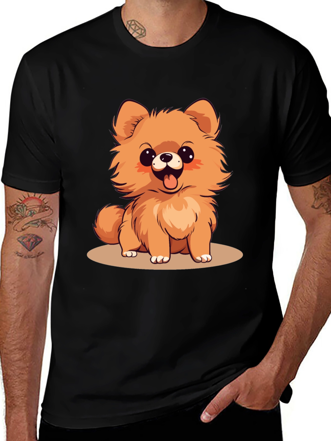 Black Cute Pomeranian Dog Cartoon Graphic T-Shirt main image