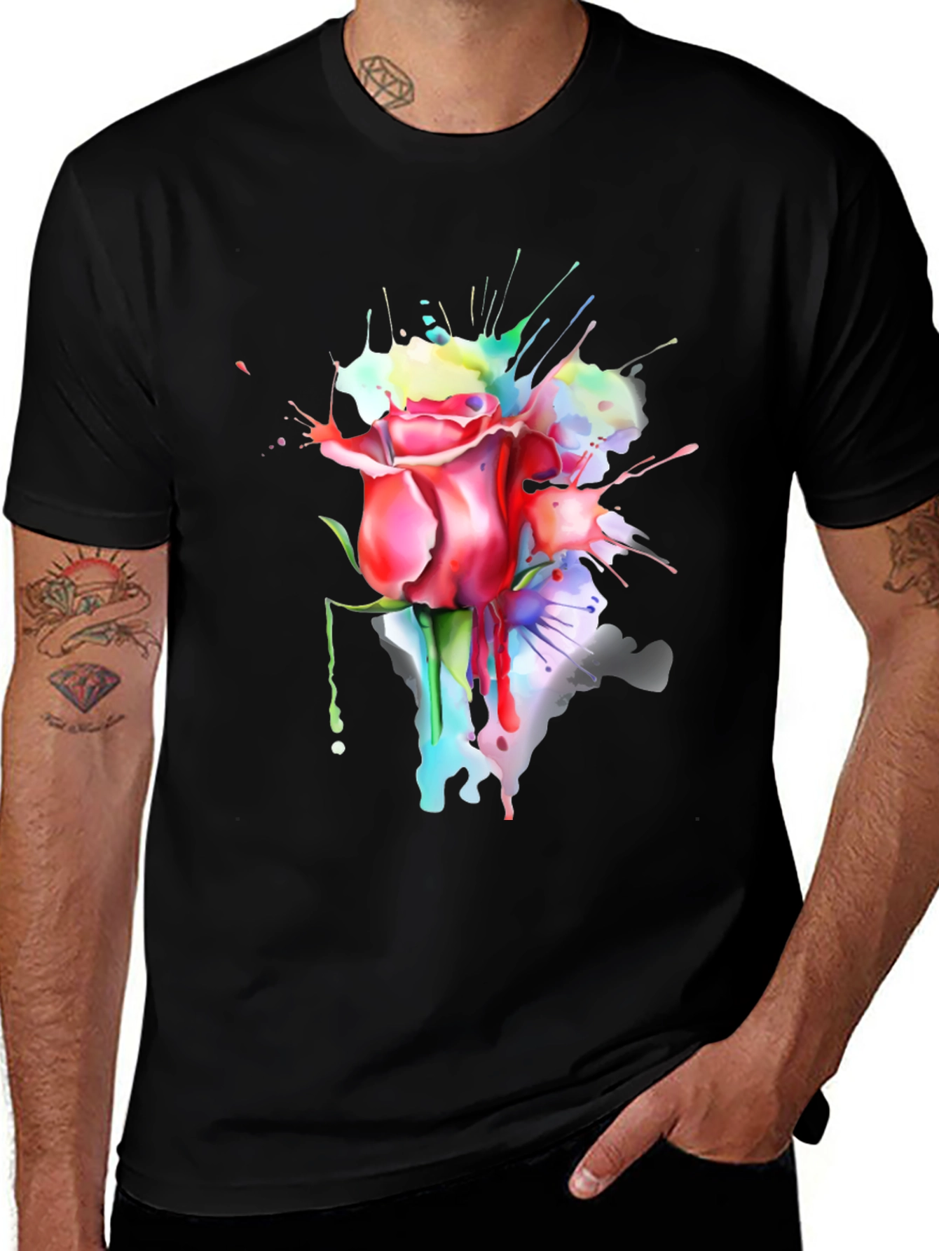 Variant 9 of Watercolor Rose Graphic Black T-Shirt