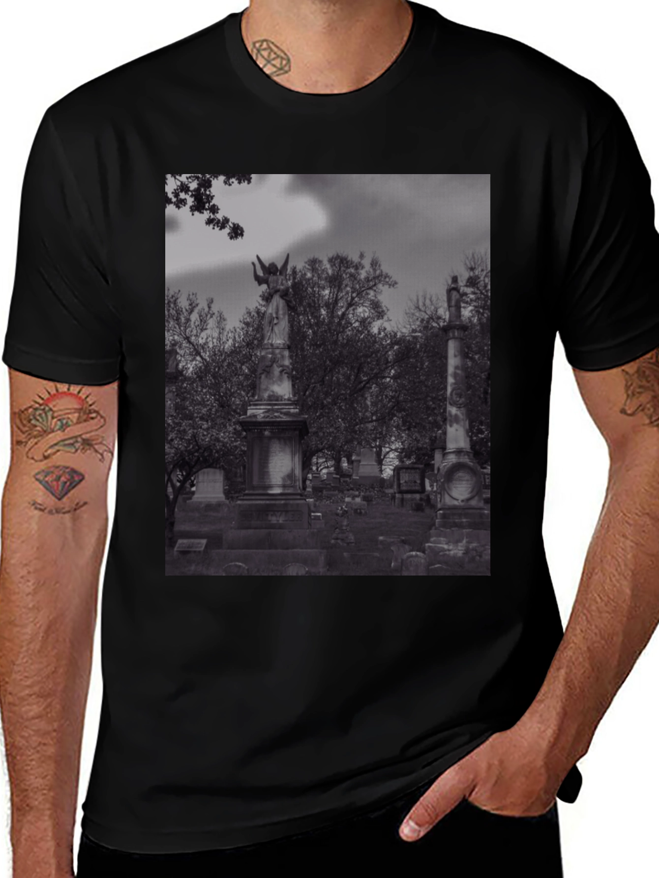Gothic Cemetery Print Black T-Shirt