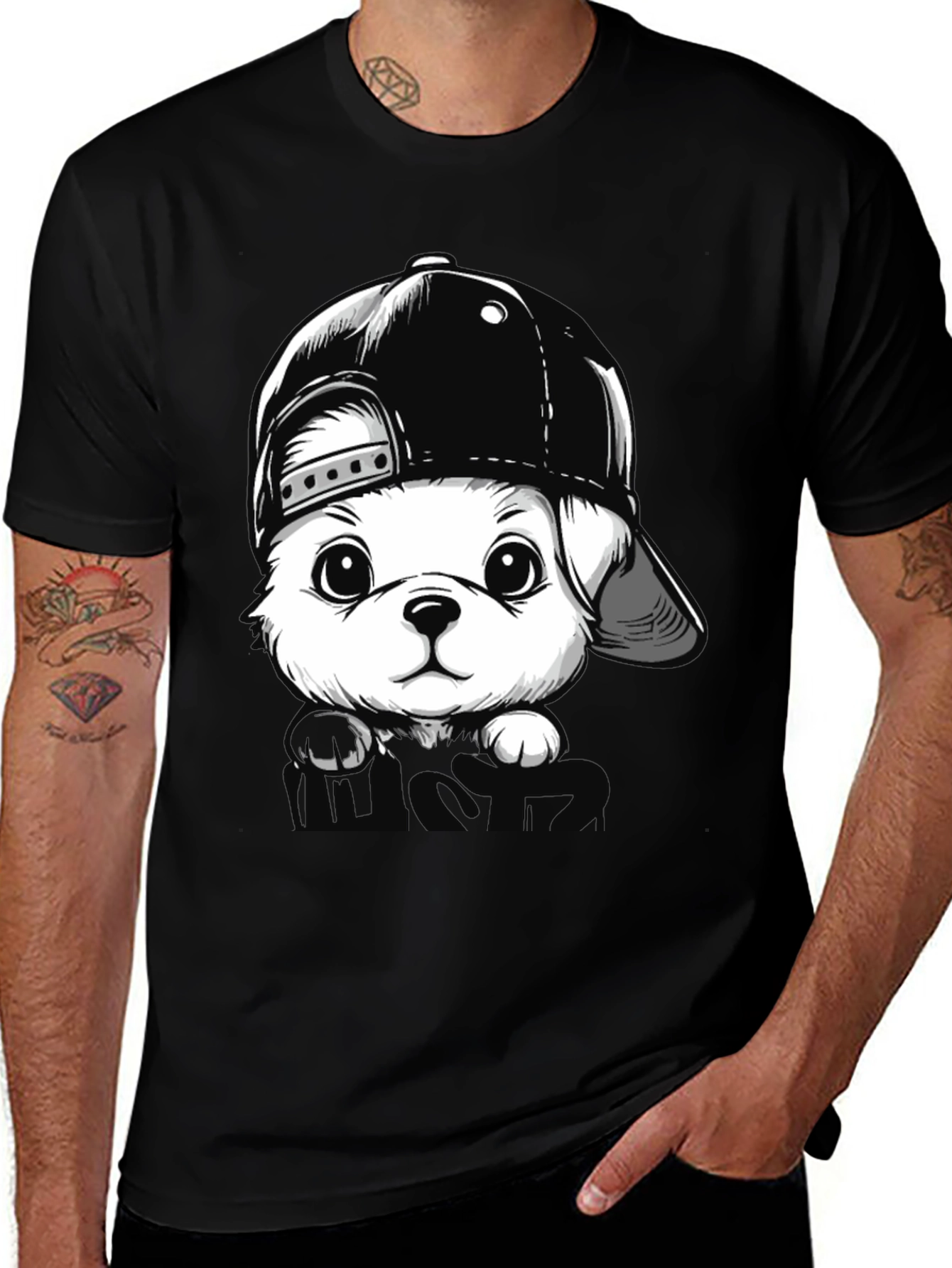 Variant 23 of Dog with Hat Black T-Shirt
