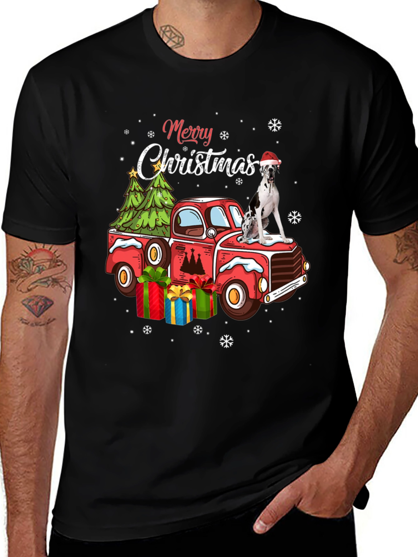 Black Merry Christmas Dog Truck T-Shirt main image