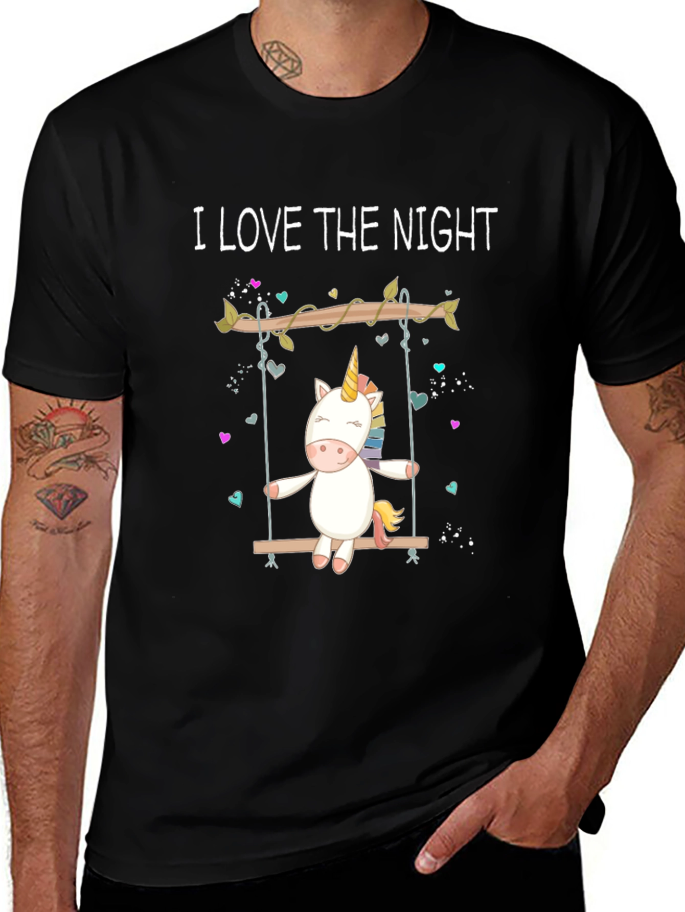 Variant 26 of Unicorn Swing T-Shirt - I Love The Night Black Cotton Tee