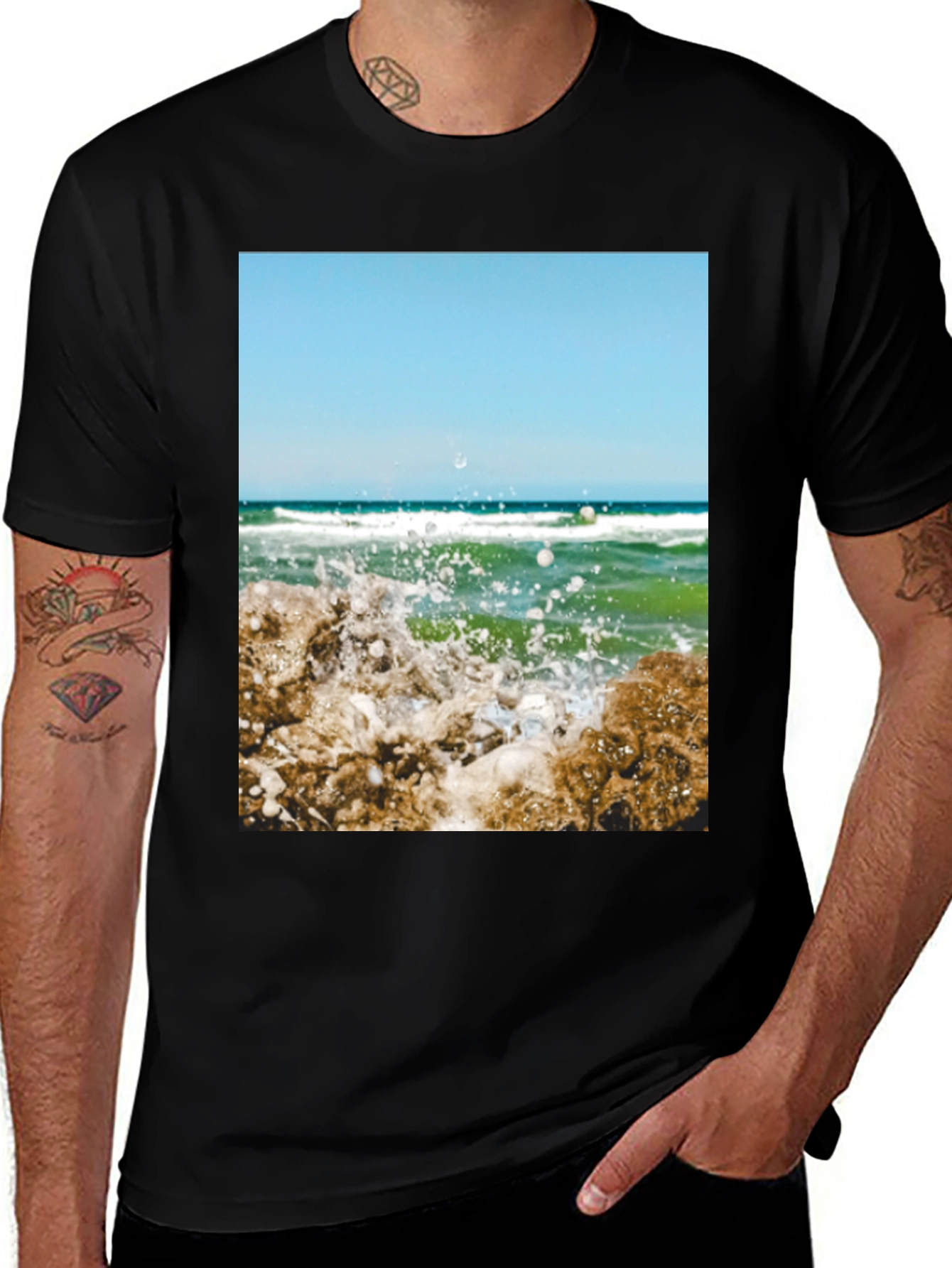 Variant 20 of Ocean Wave Graphic Tee - Black Cotton Casual Shirt