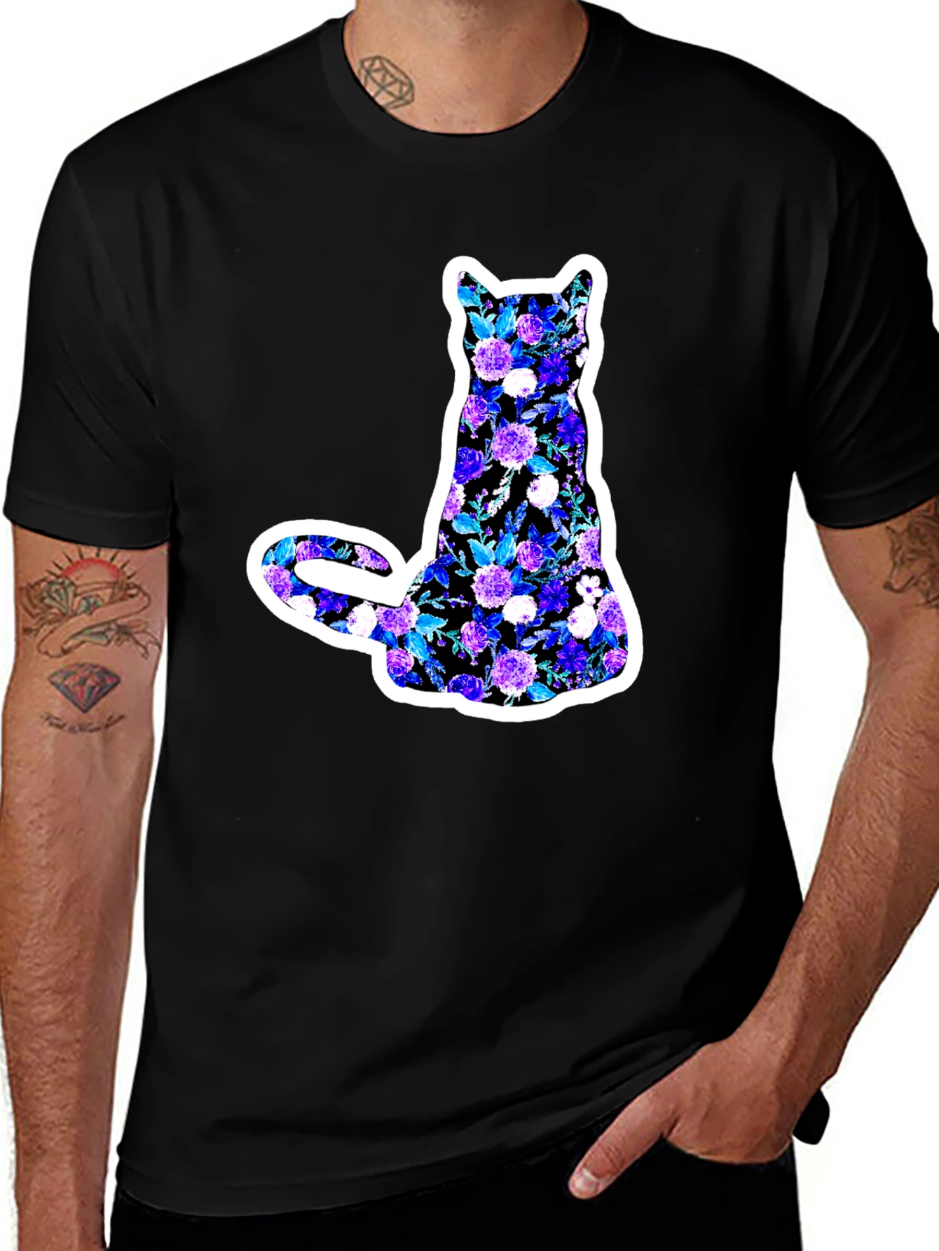 Variant 7 of Floral Cat Graphic Black T-Shirt