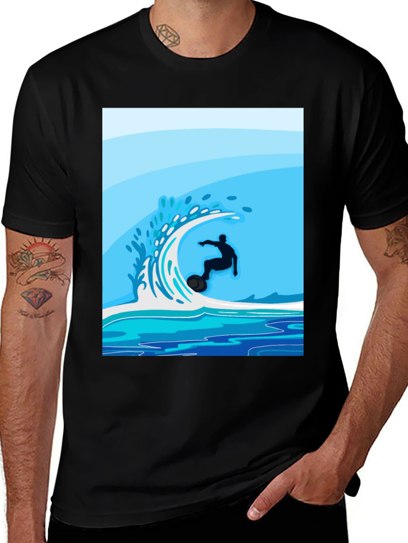 Variant 14 of Surfer Wave Graphic Tee - Black Cotton Blend Casual Shirt