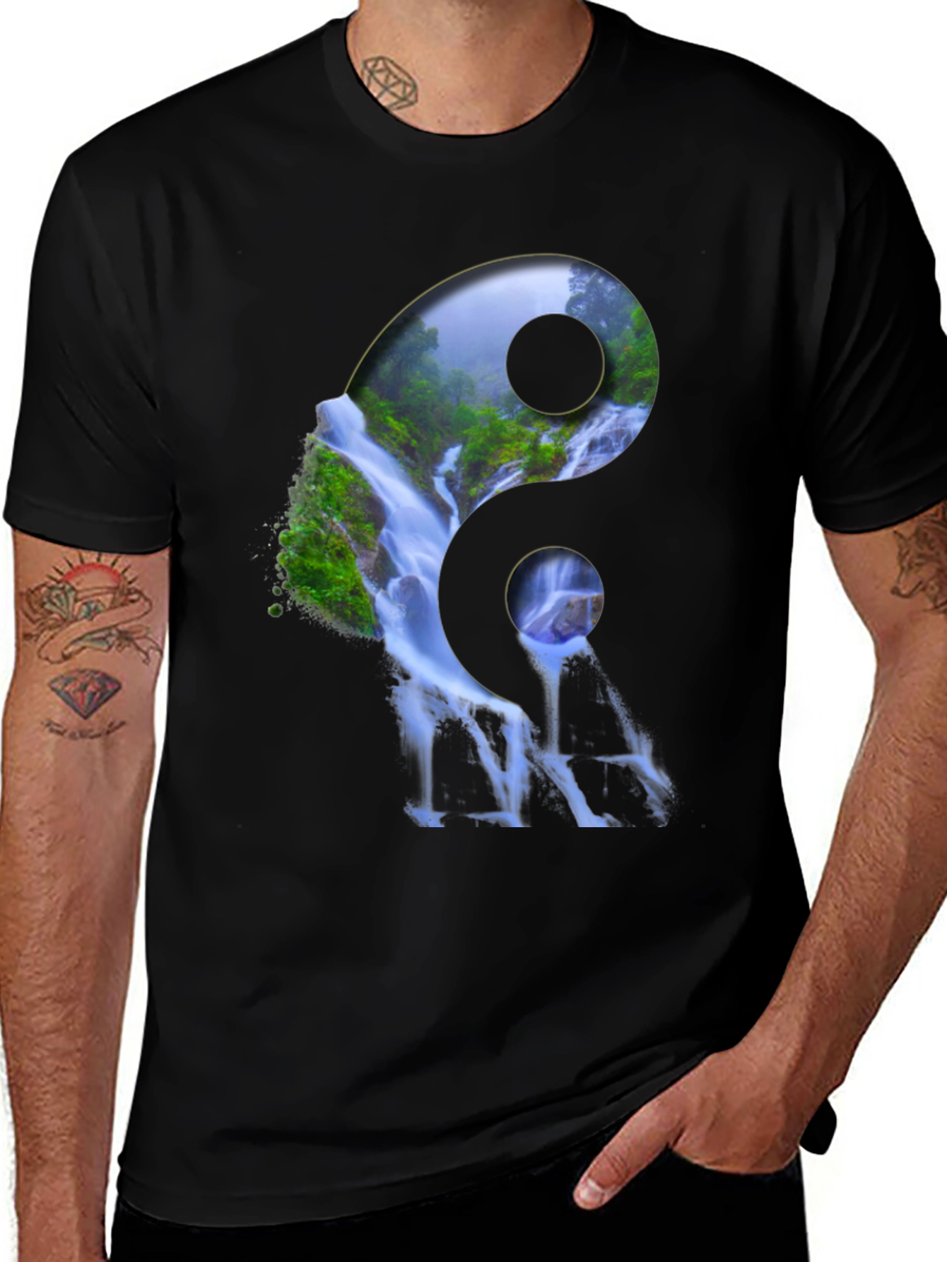 Yin Yang Waterfall Graphic Tee - Nature Inspired Design