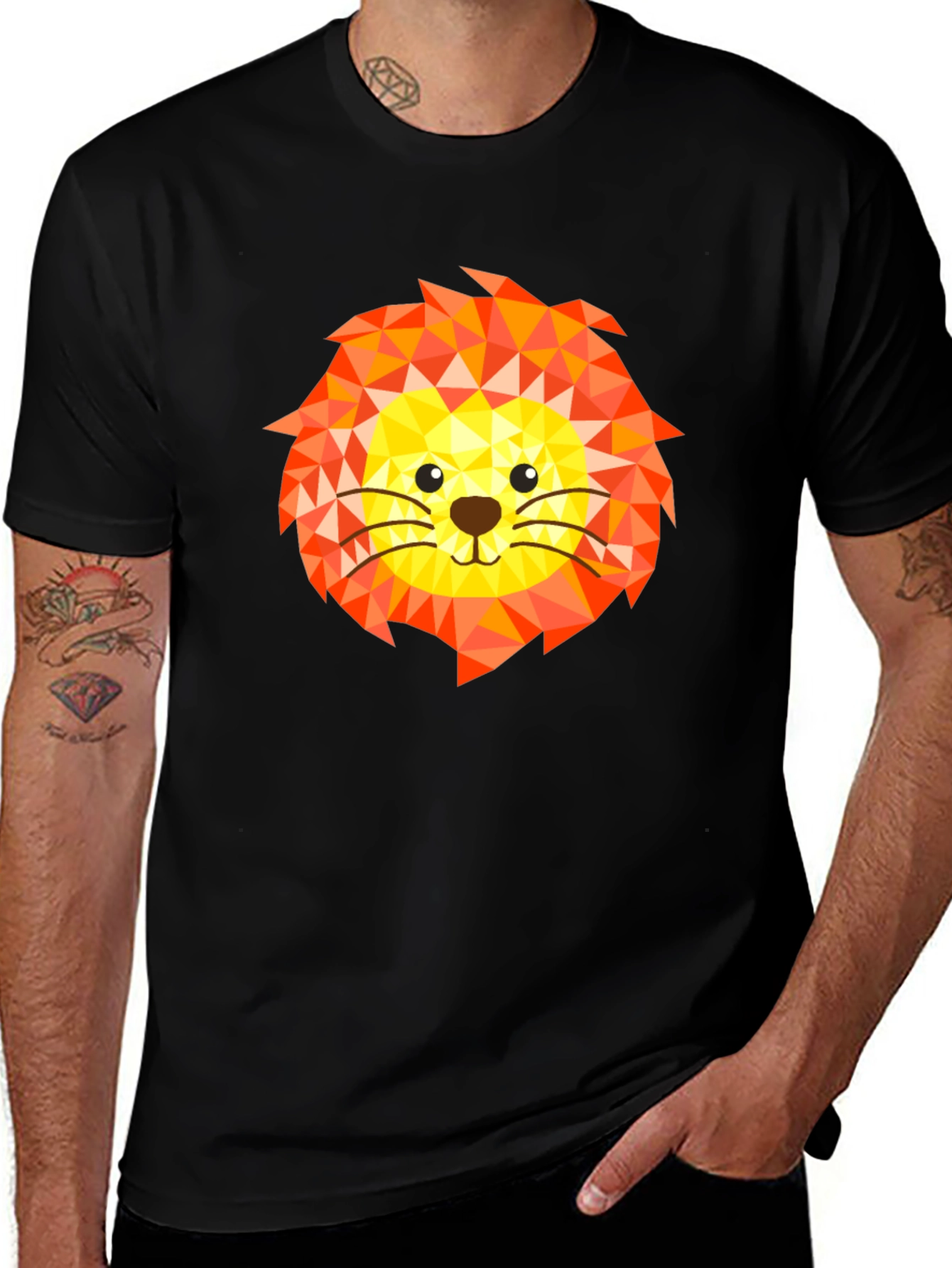 Variant 17 of Geometric Lion Head Graphic Black T-Shirt