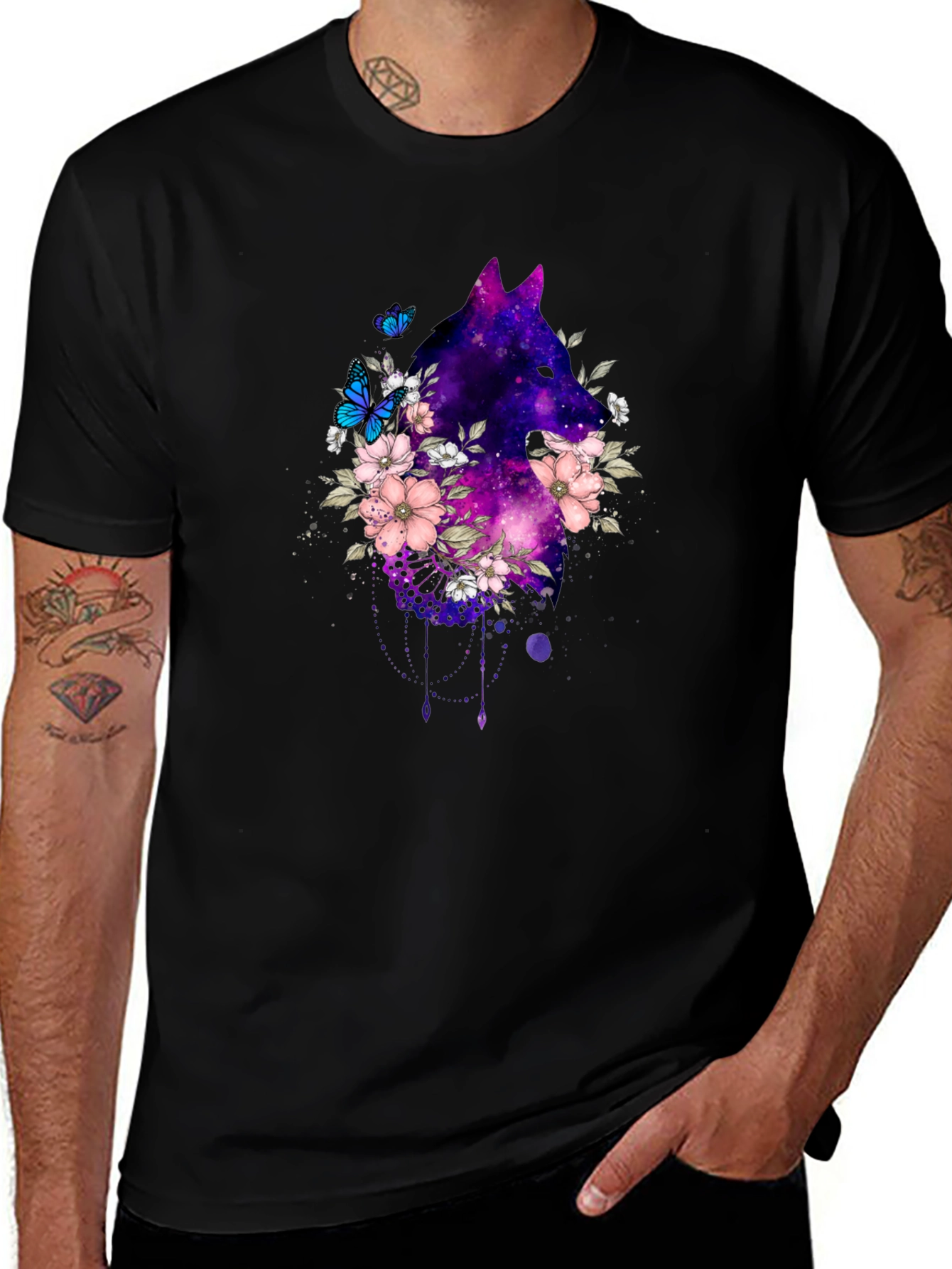 Variant 4 of Galaxy Wolf Floral T-Shirt - Black