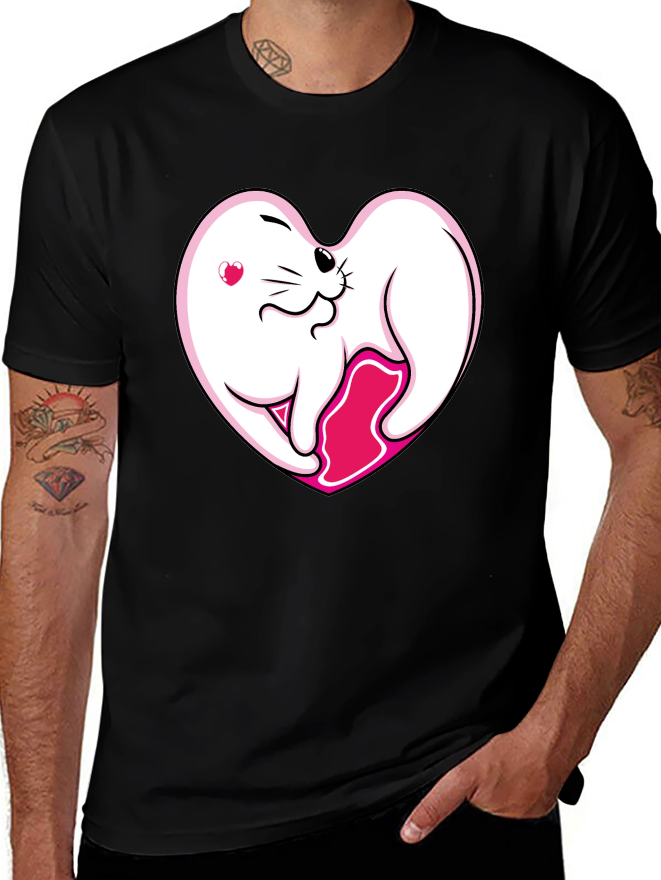 Variant 21 of Cute Seal Heart T-Shirt - Black Cotton Tee