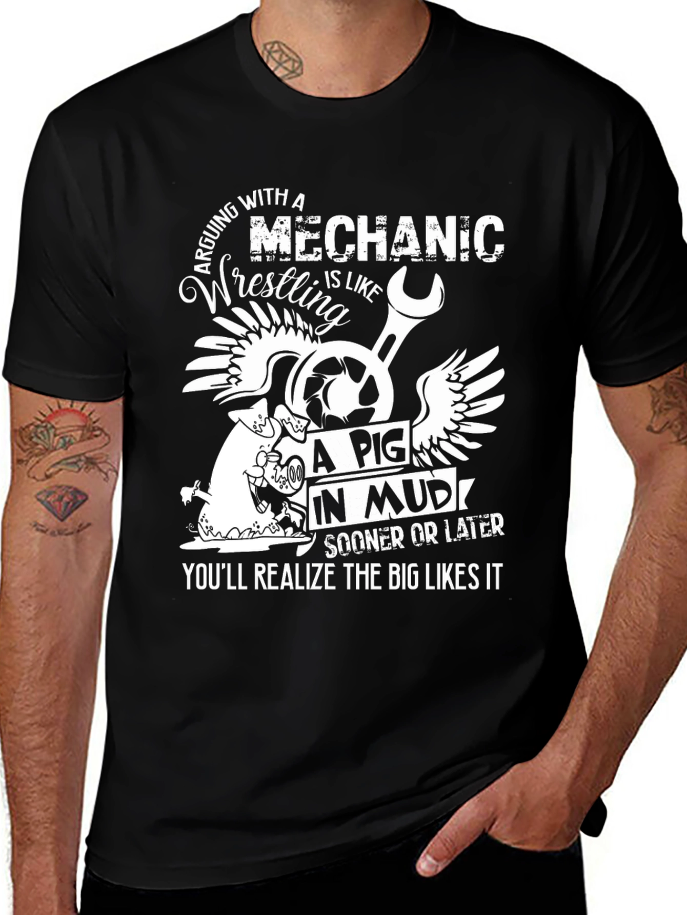 Variant 25 of Mechanic Pig in Mud Men's Black T-Shirt