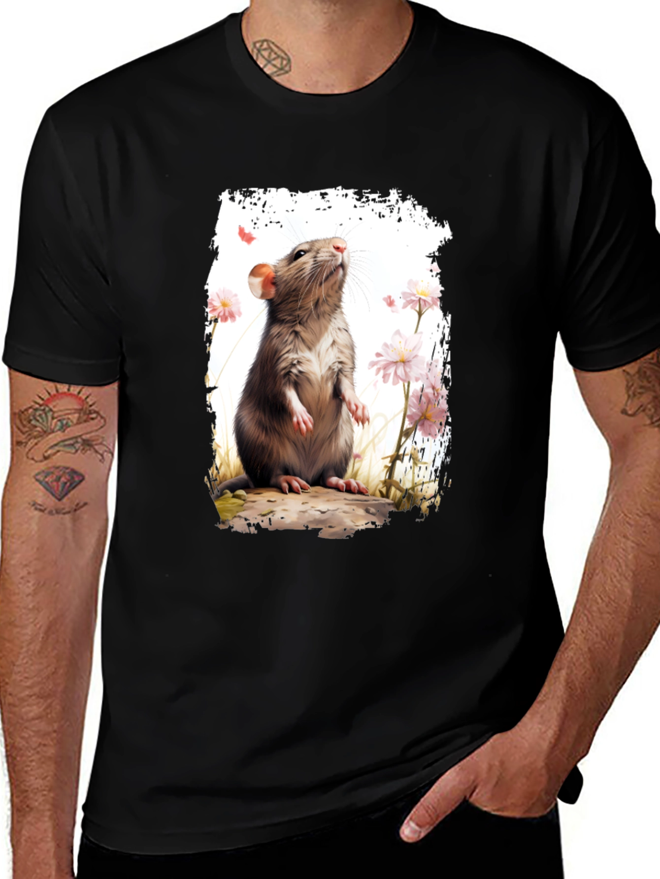 Variant 6 of Rat & Flower Print Black T-Shirt