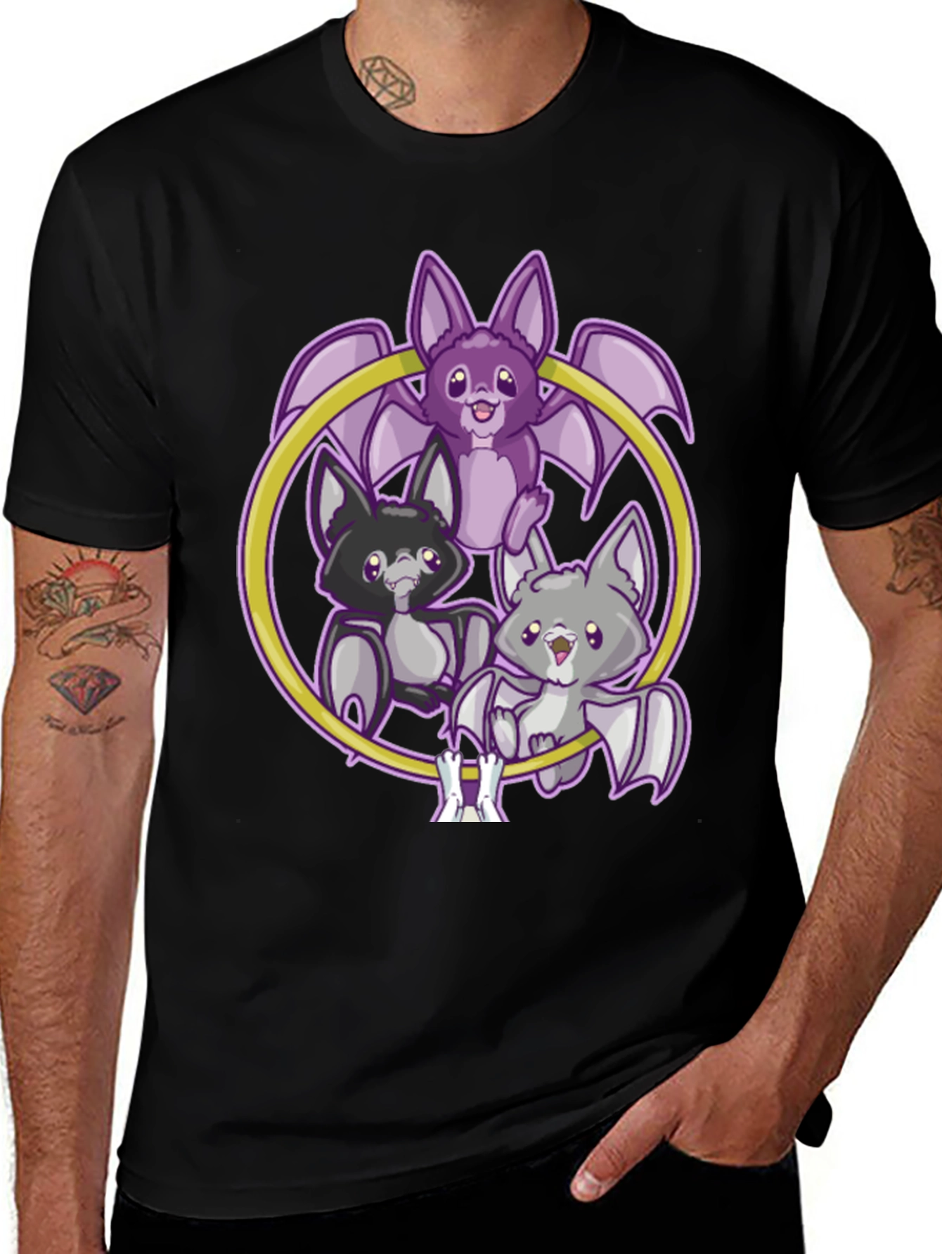 Variant 17 of Cute Cartoon Bats on Black T-Shirt