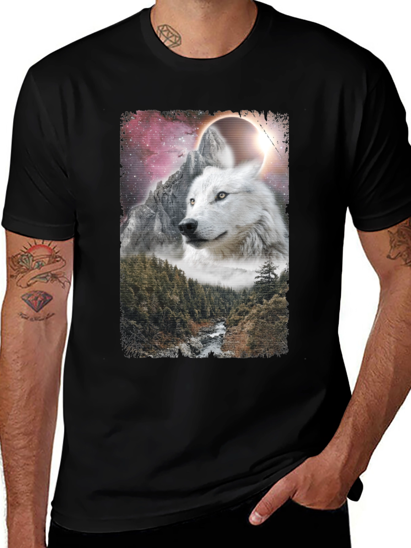 Variant 2 of Wolf Landscape Graphic Tee - Black Cotton Blend