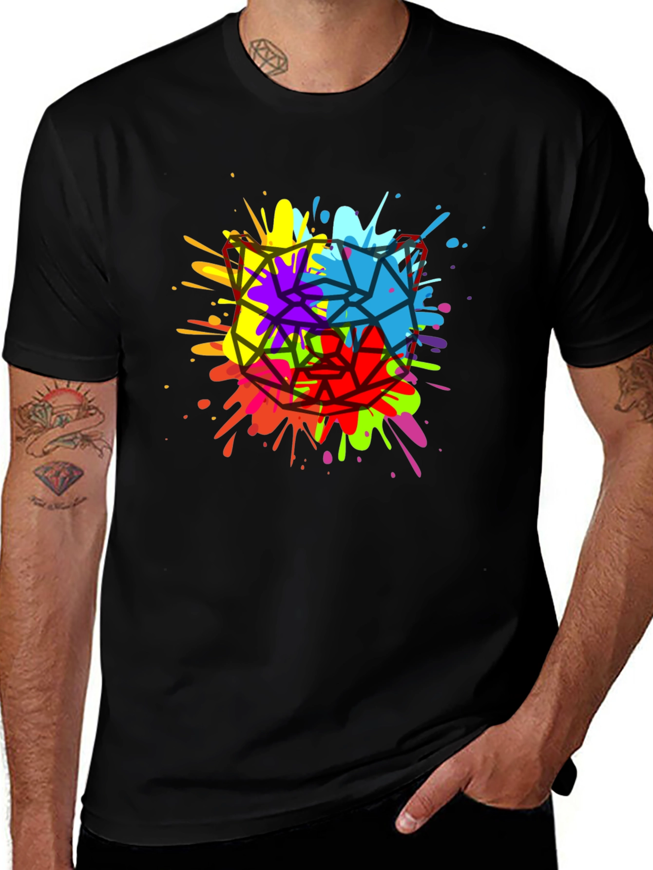 Variant 30 of Geometric Splatter Cat T-Shirt - Men's Black Tee