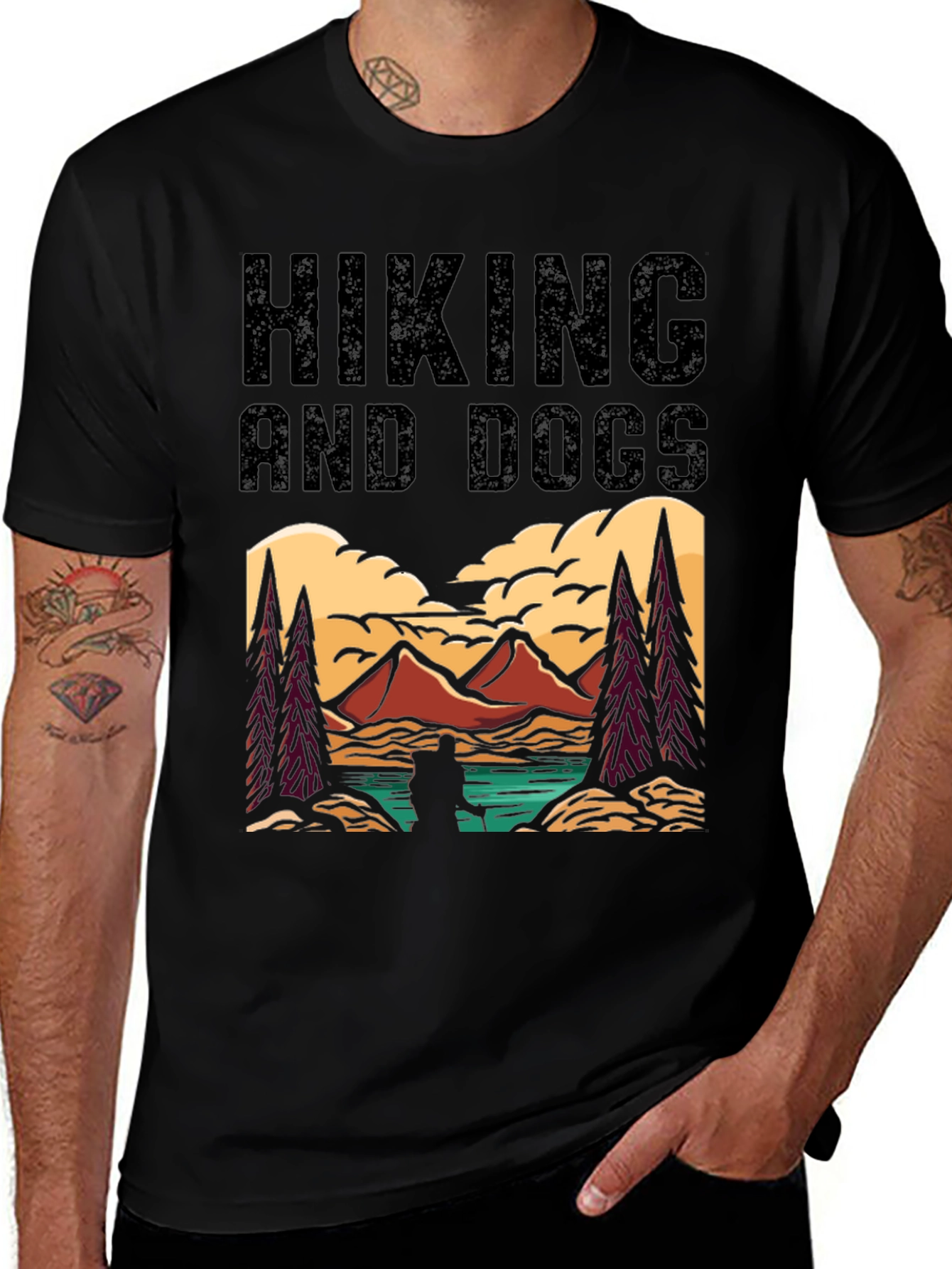 Hiking and Dogs Black Graphic T-Shirt