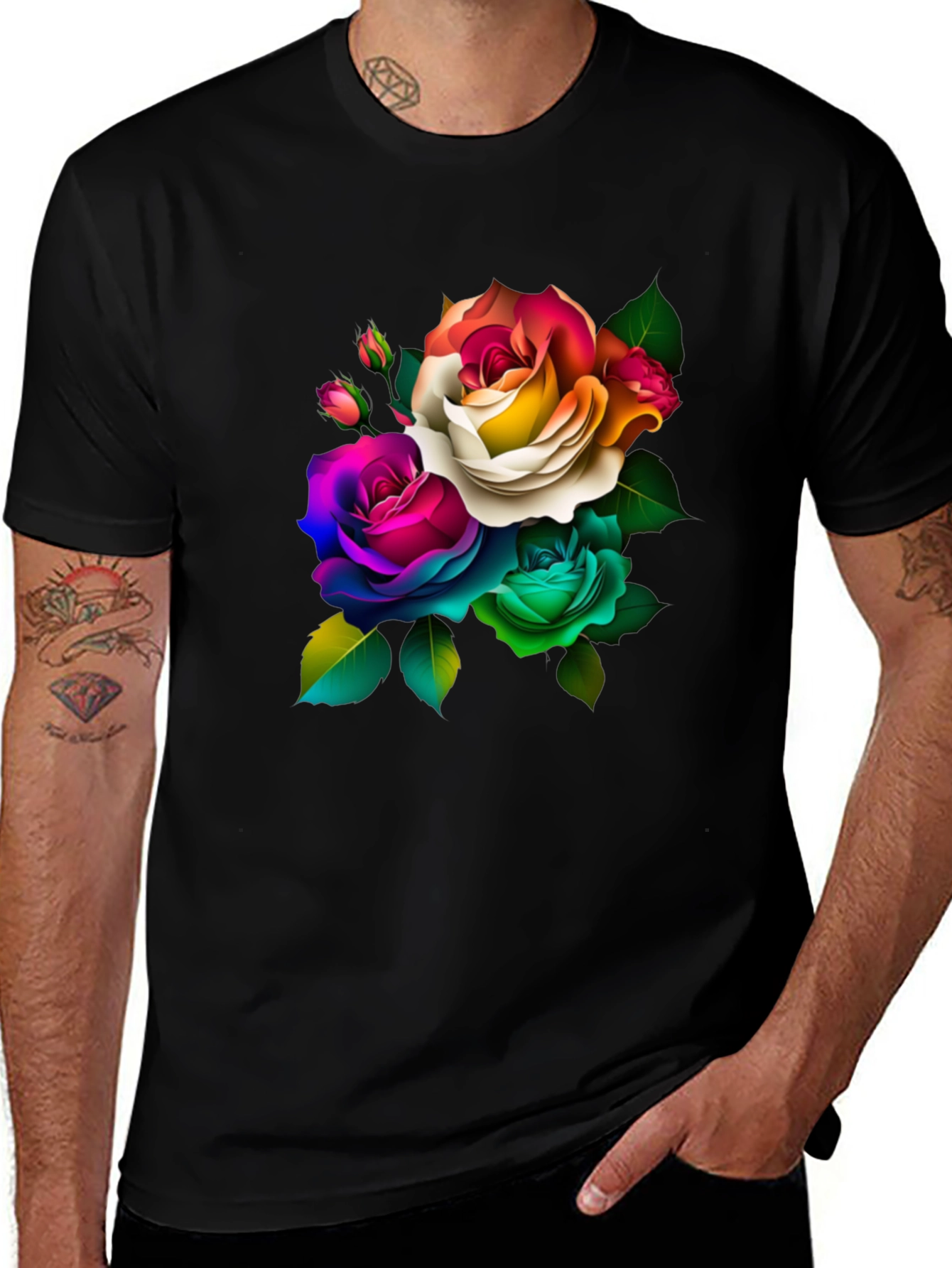 Rainbow Roses Black T-Shirt - Vivid Floral Design