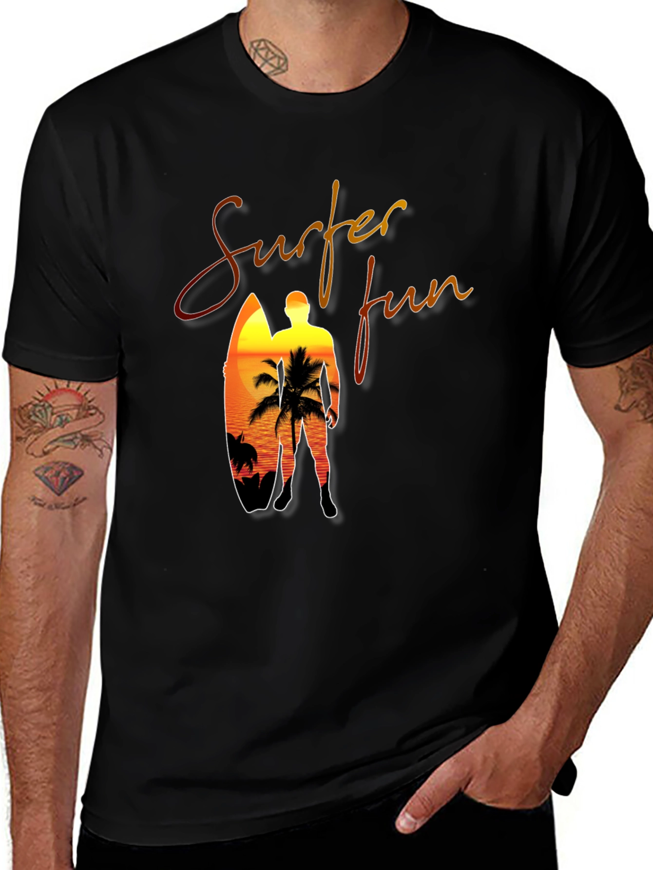 Variant 8 of Surfer Fun Black T-Shirt: Sunset Beach Design
