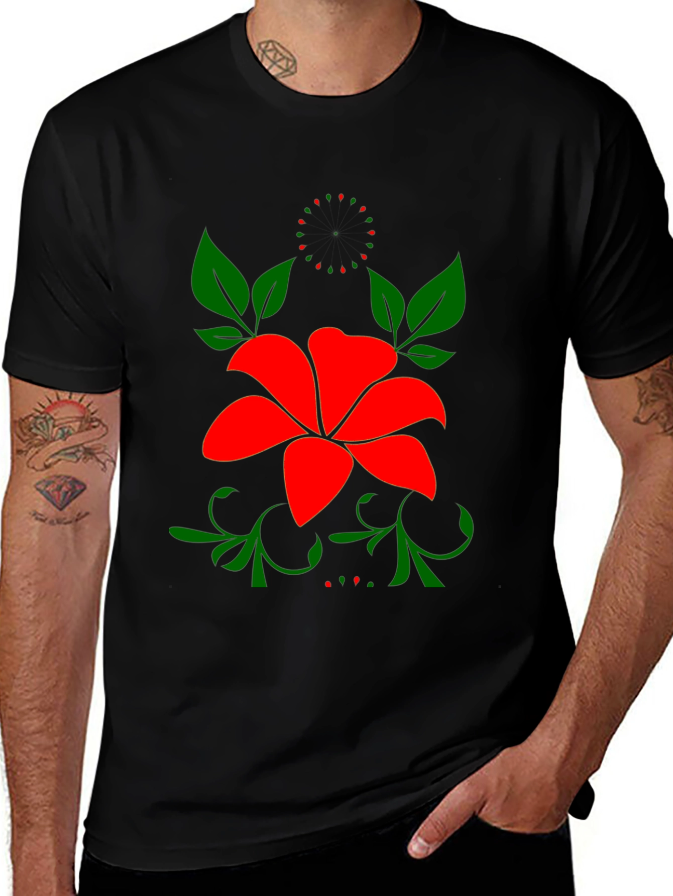 Variant 5 of Floral Black T-Shirt - Bold Red Flower Design