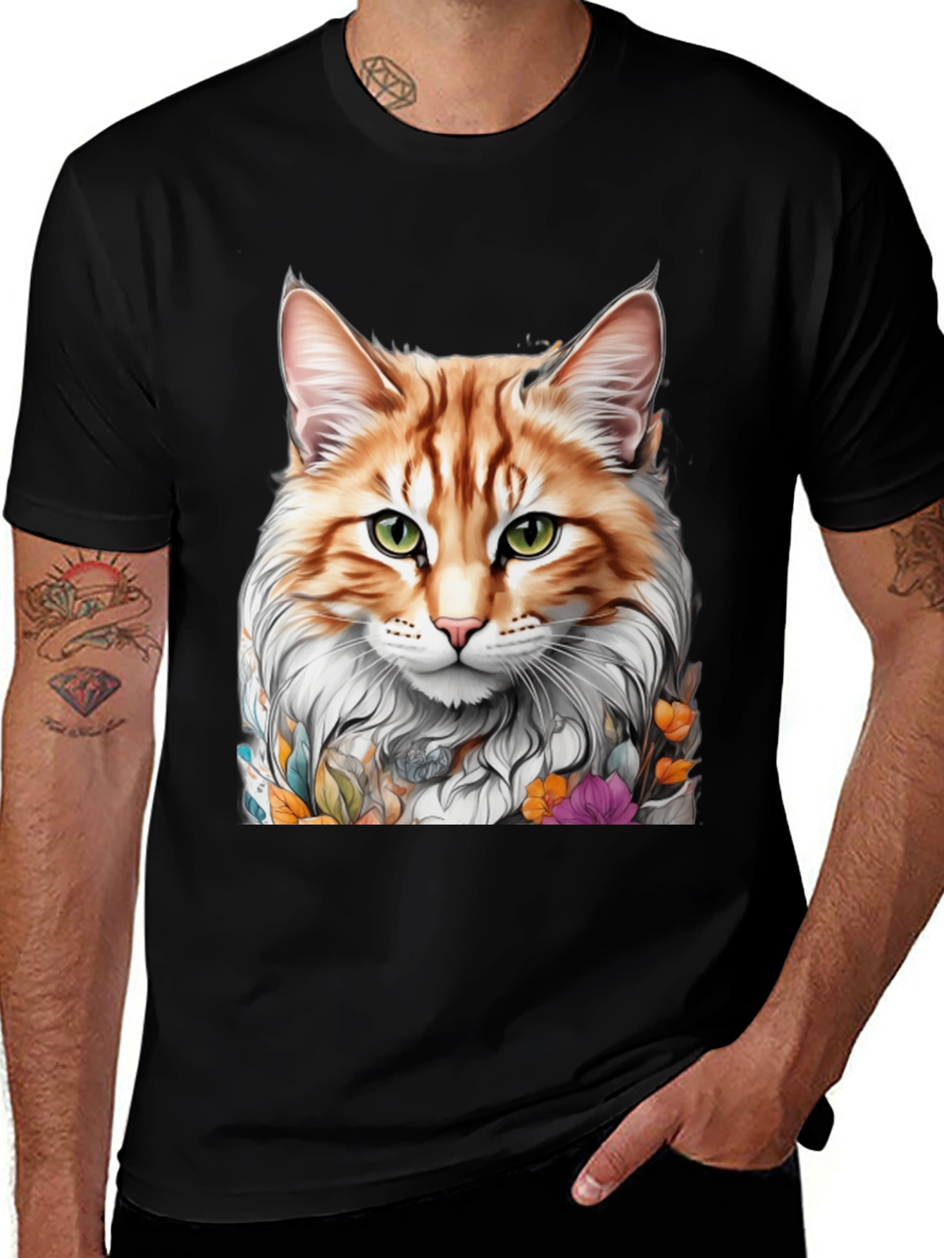 Variant 4 of Cat Portrait T-Shirt - Whimsical Floral Feline