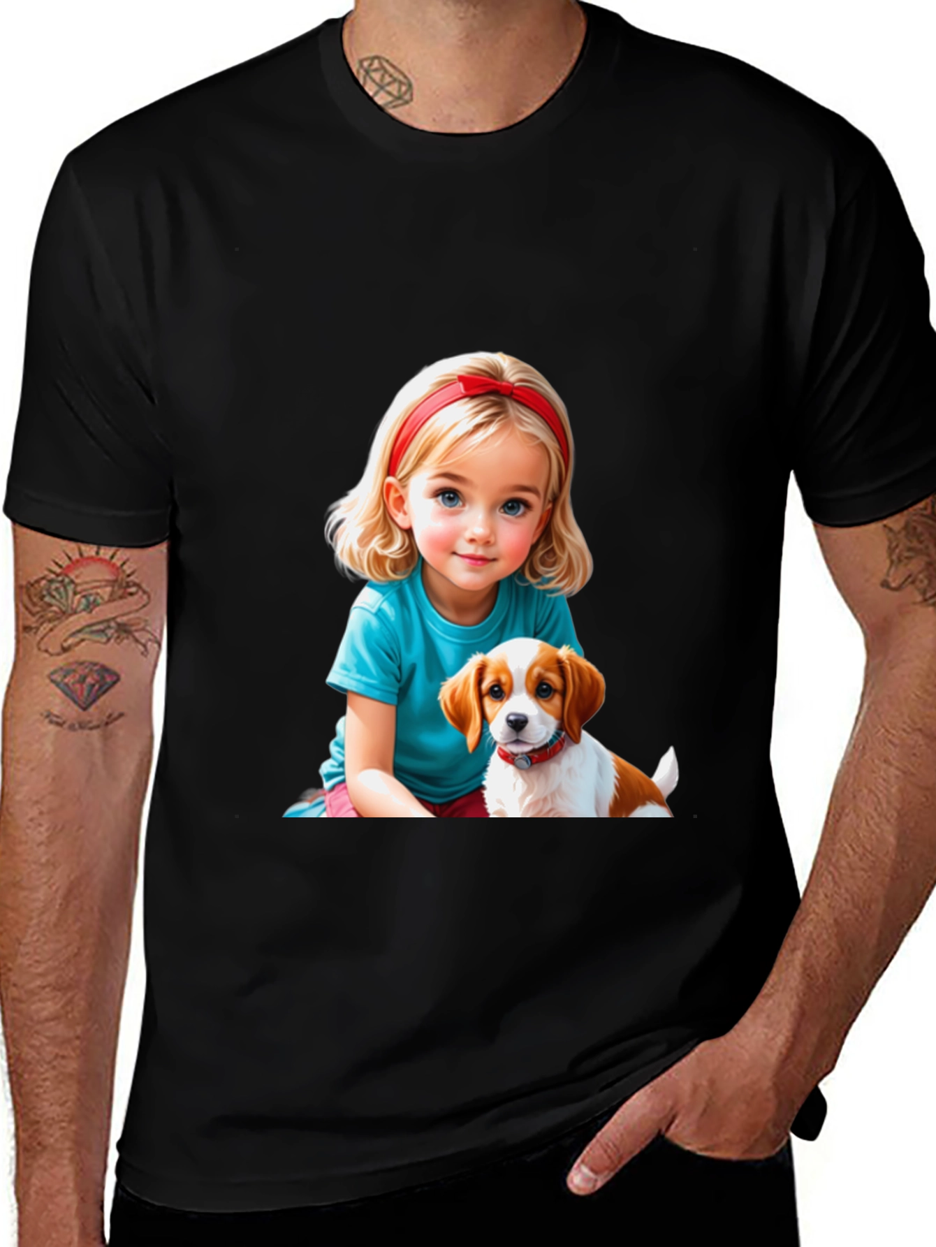 Variant 19 of Cute Girl & Puppy Graphic Tee - Black Casual T-Shirt