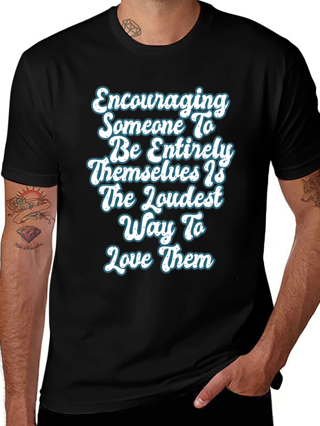 Variant 17 of Encouraging T-Shirt, Love Loudly, Black Cotton