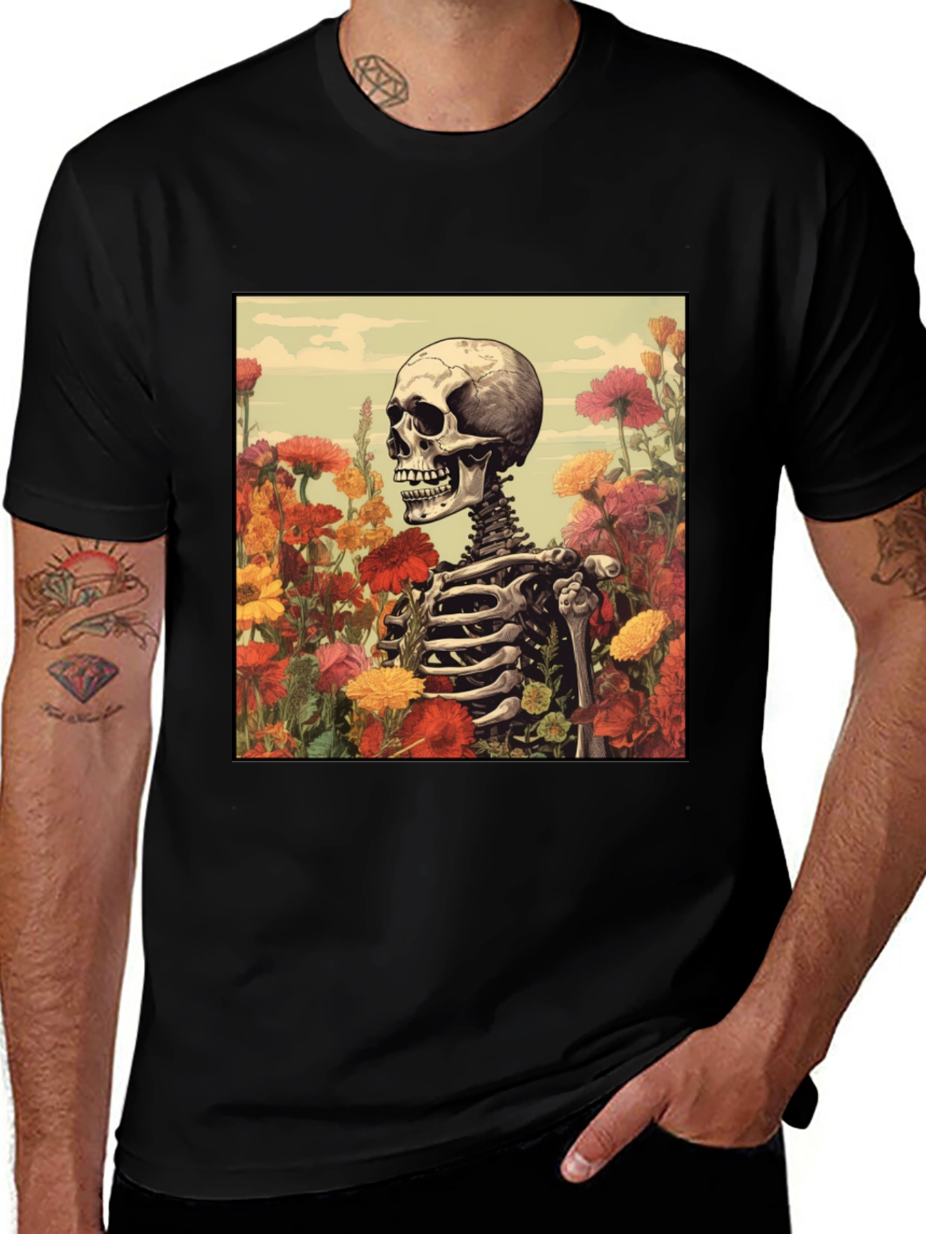 Variant 9 of Floral Skeleton Graphic Tee - Black Cotton Blend