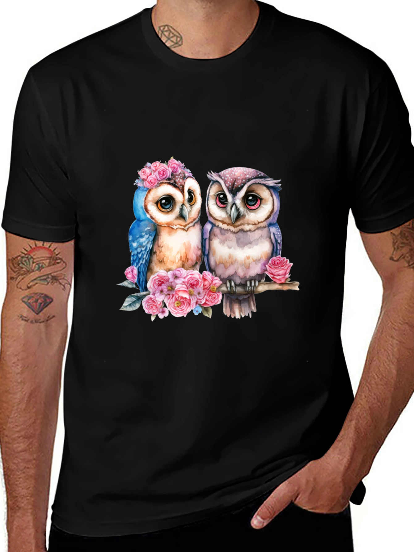 Variant 4 of Owl Couple T-Shirt - Floral Design