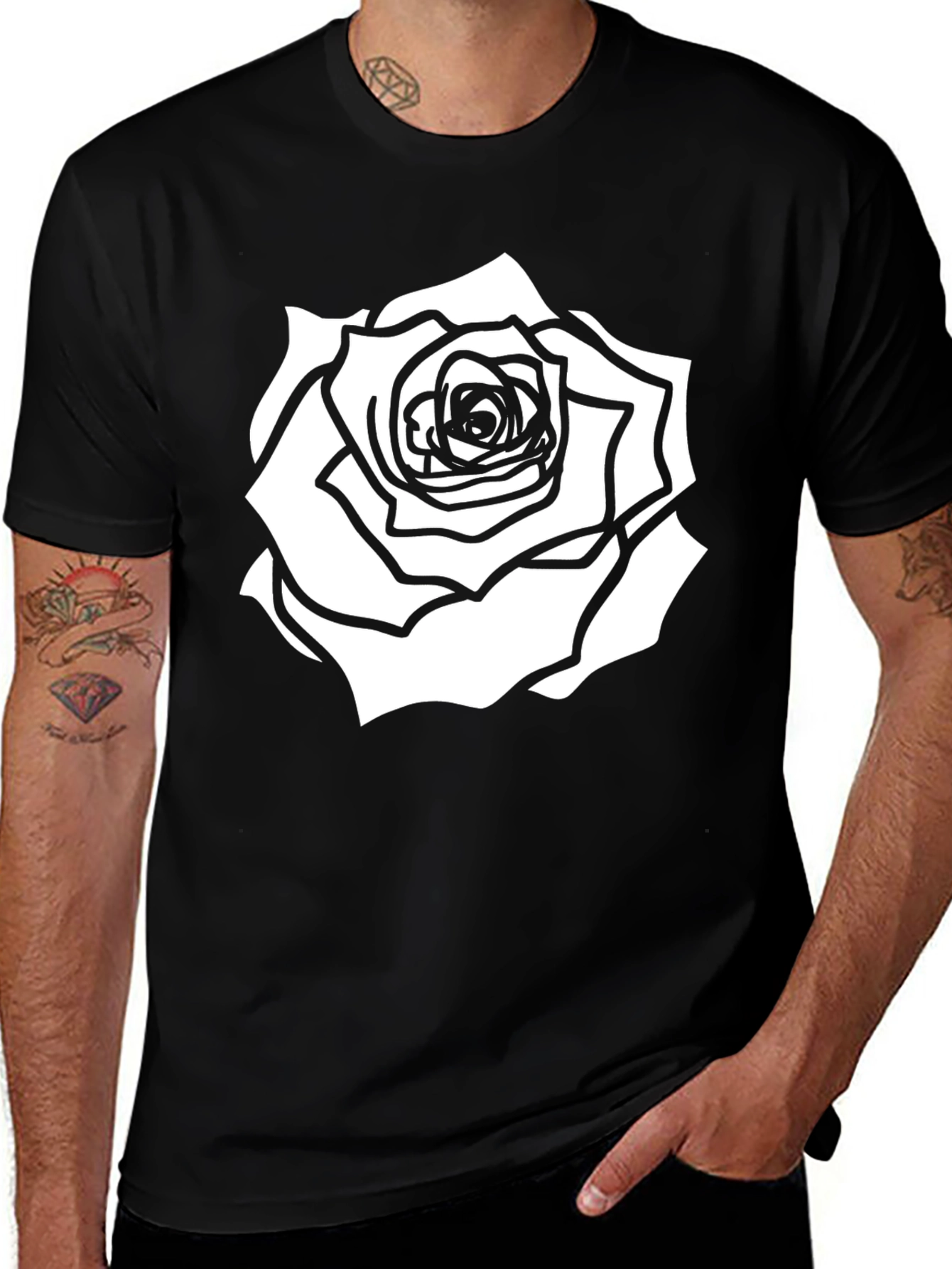Variant 21 of Black T-Shirt with White Rose Graphic Print