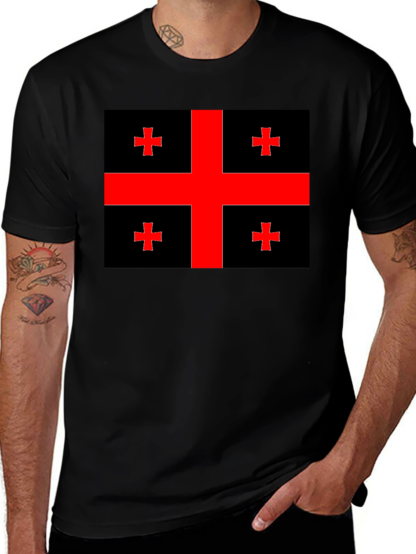 Georgian Flag T-Shirt - Black Tee with Red Cross Design
