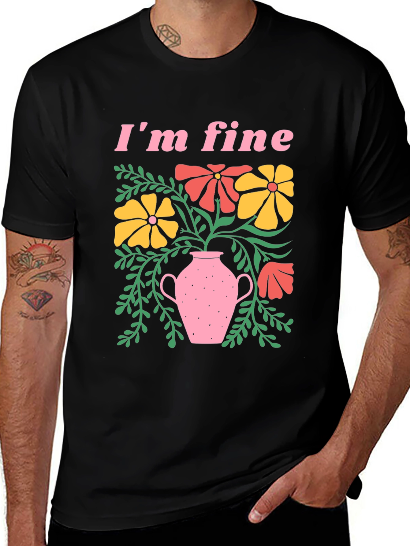 Variant 9 of I'm Fine Flower Graphic Black T-Shirt