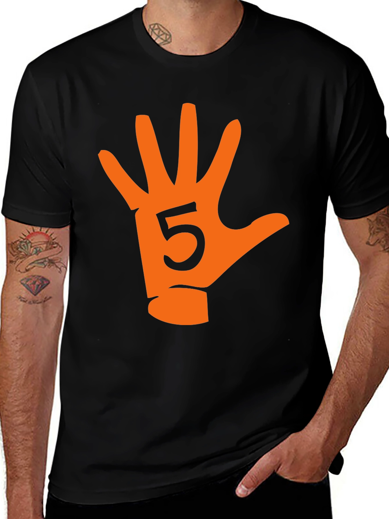 Variant 13 of High Five T-Shirt - Black Cotton Tee with Orange Hand Design