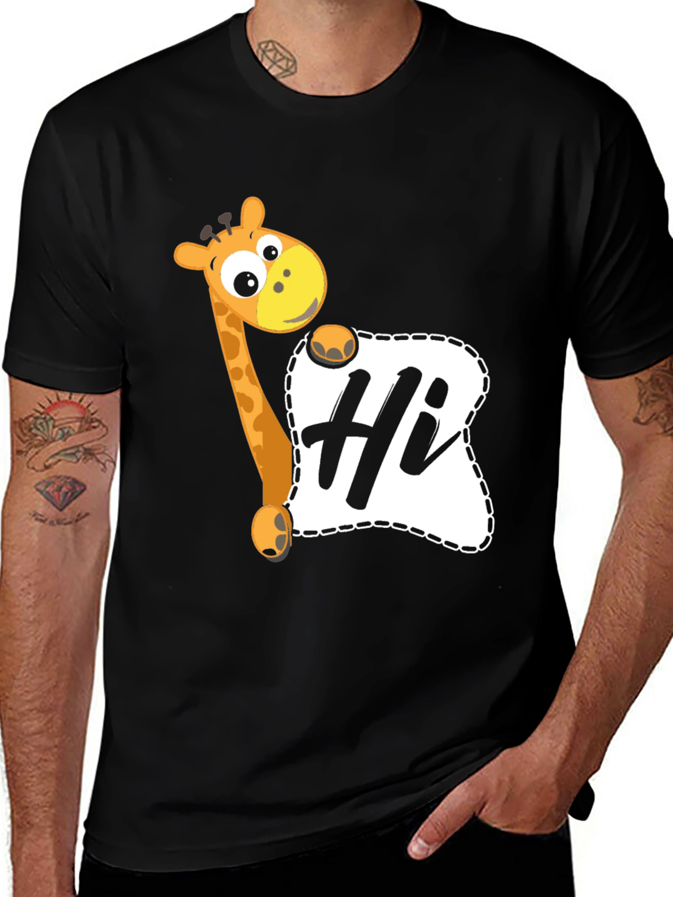 Variant 4 of Giraffe "Hi" Graphic Tee - Casual Black T-Shirt