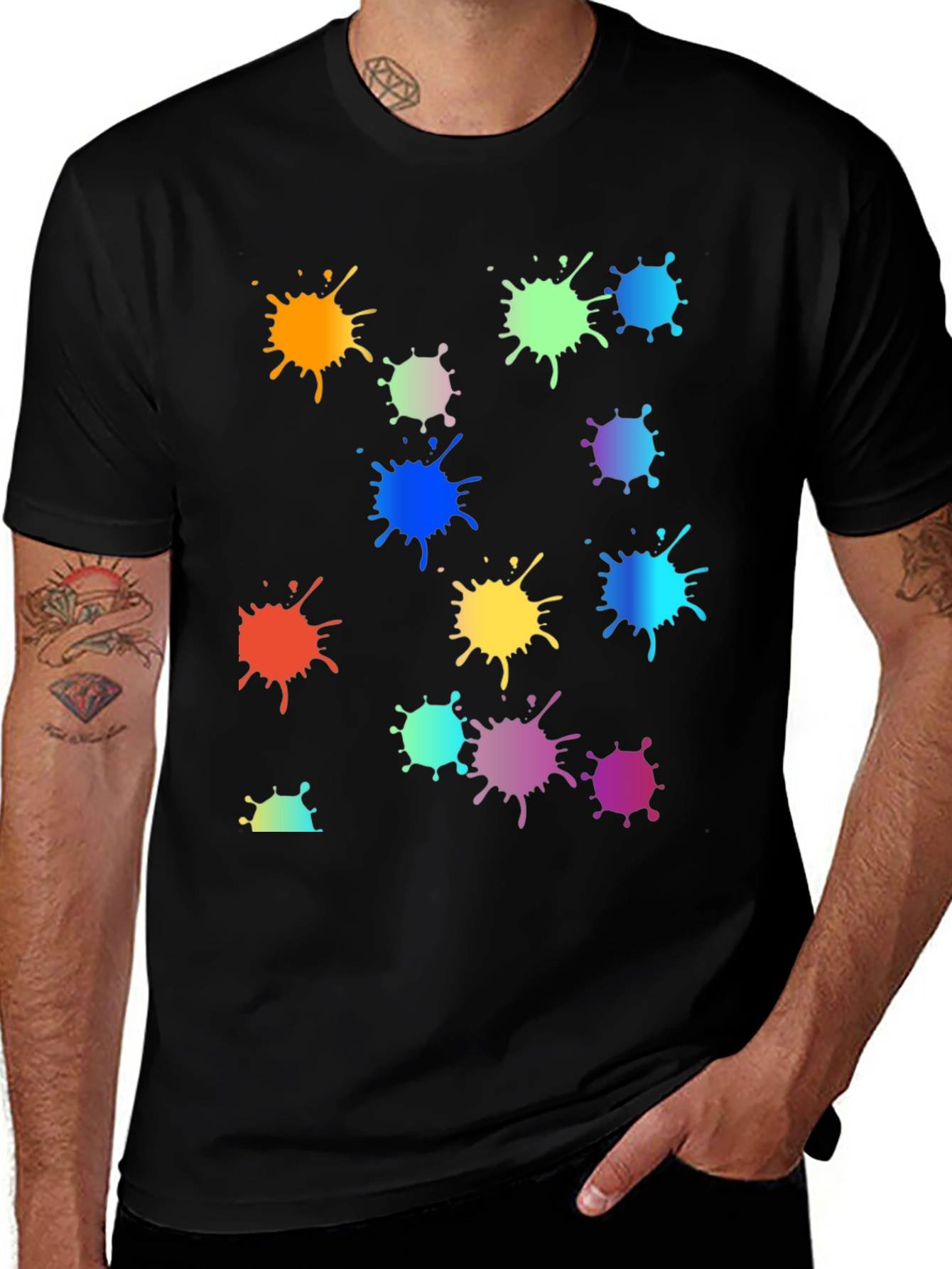 Variant 2 of Rainbow Paint Splatter Graphic Tee - Black Crew Neck T-Shirt