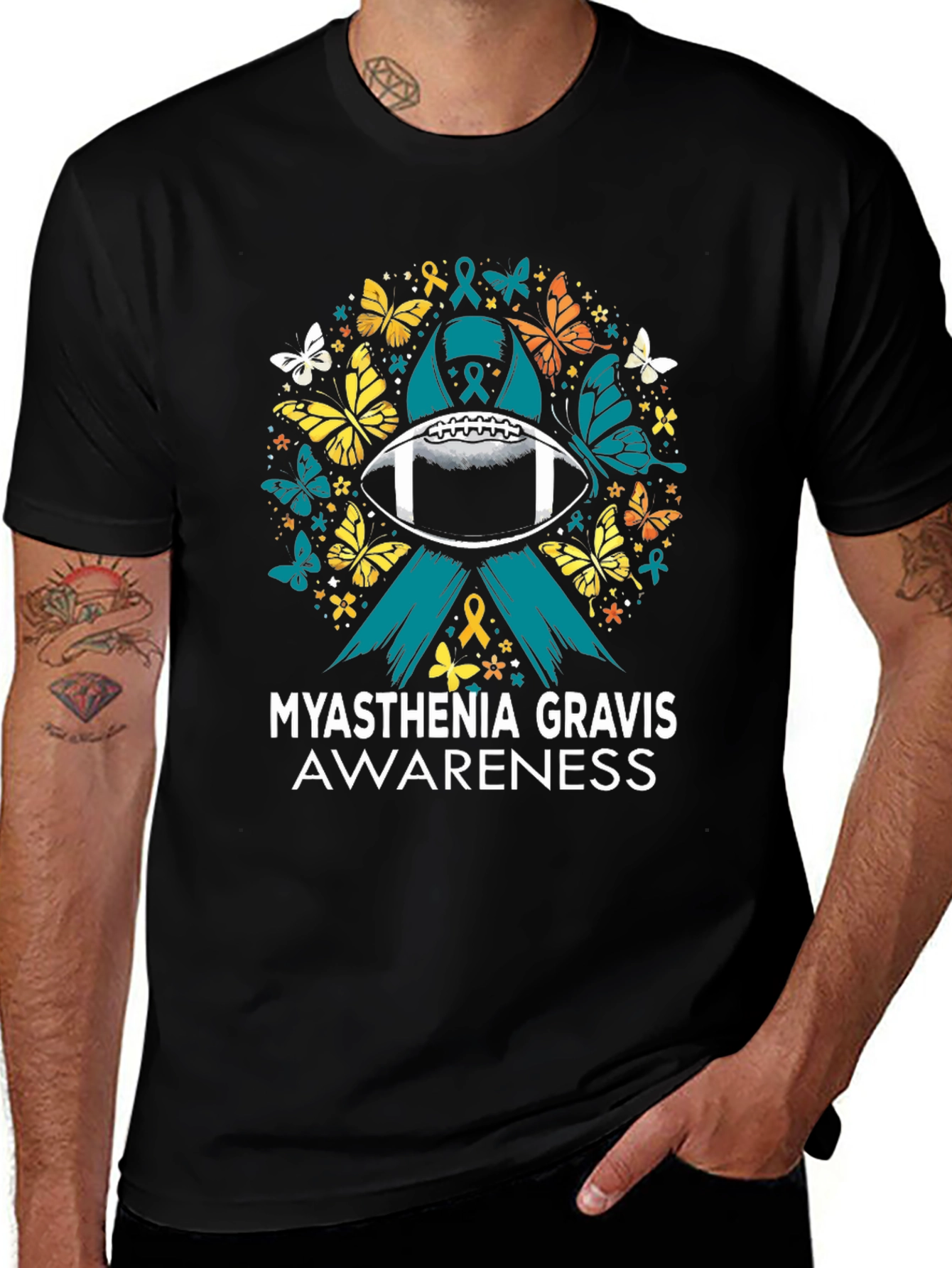 Black Myasthenia Gravis Awareness Football T-Shirt main image